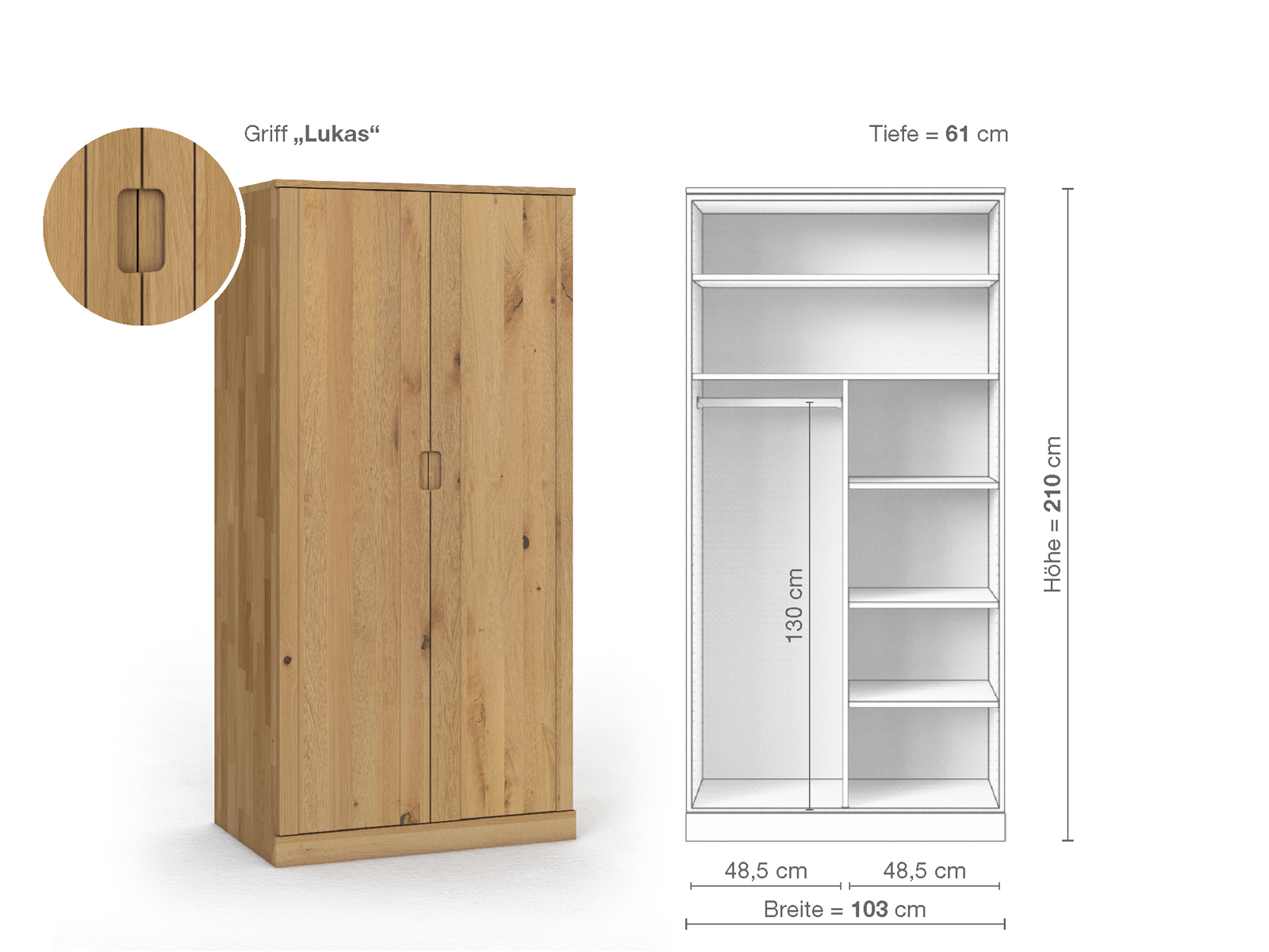 Wildeichenschrank Hell „Arnika“, 2-türig, Höhe 210 cm, Griffausführung „Lukas“, Inneneinrichtung B