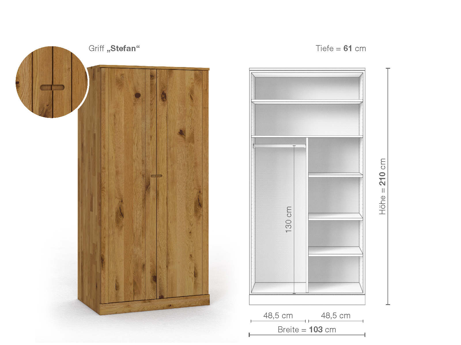 Wildeichenschrank „Arnika“, 2-türig, Höhe 210 cm, Griffausführung „Stefan“, Inneneinrichtung B