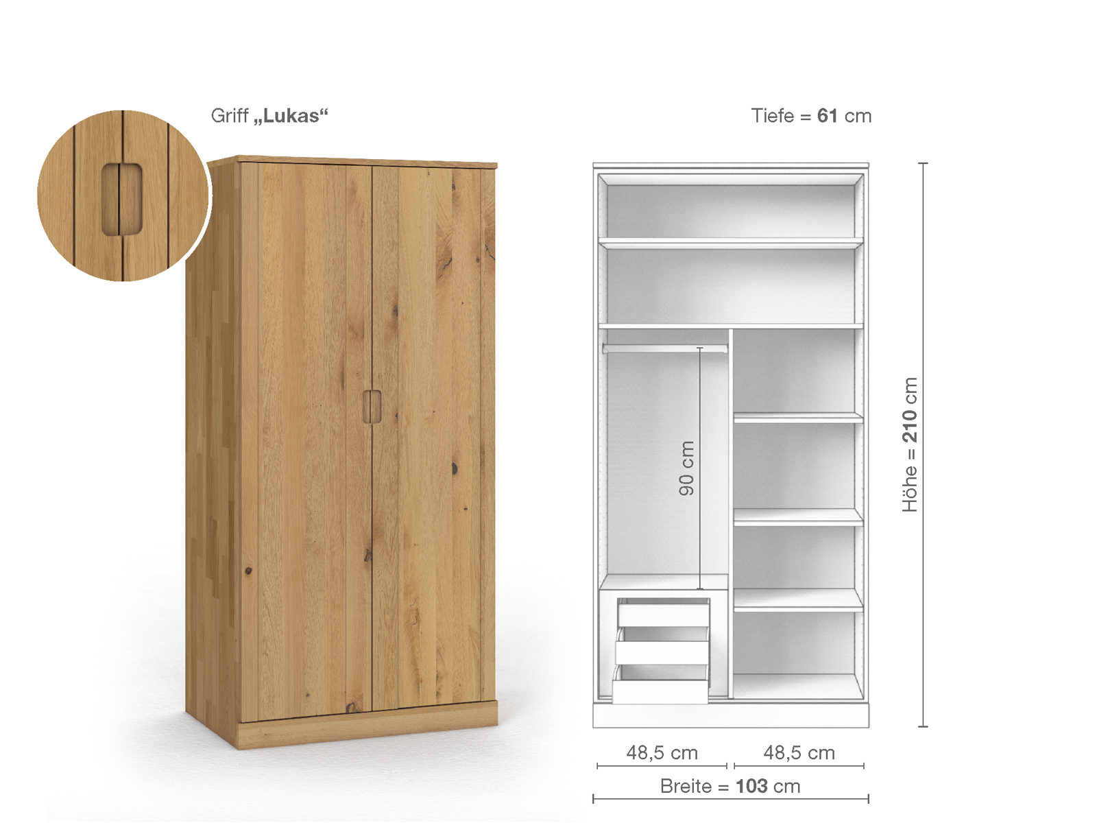 Wildeichenschrank Hell „Arnika“, 2-türig, Höhe 210 cm, Griffausführung „Lukas“, Inneneinrichtung C