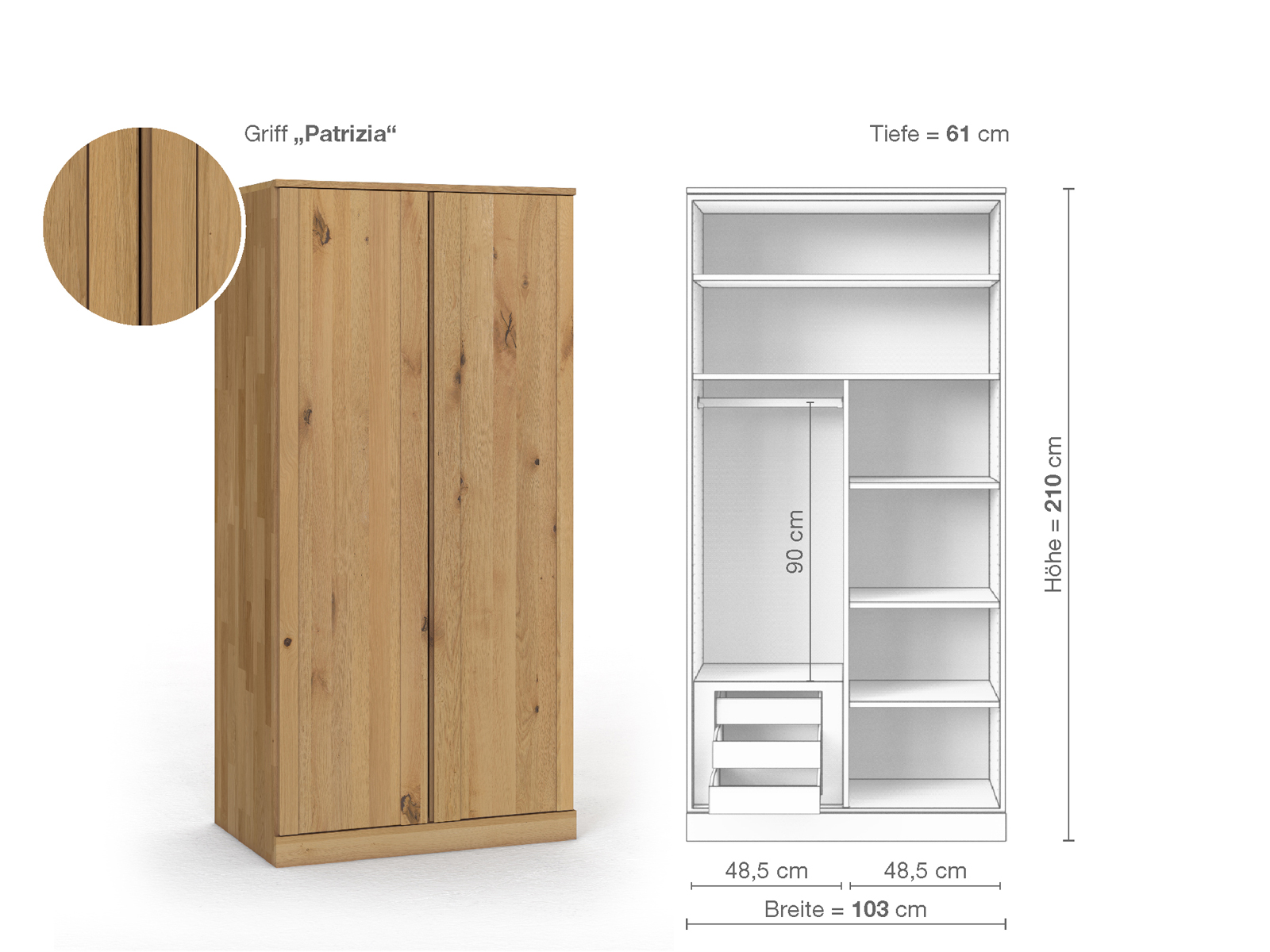 Wildeichenschrank Hell „Arnika“, 2-türig, Höhe 210 cm, Griffausführung „Patrizia“, Inneneinrichtung C