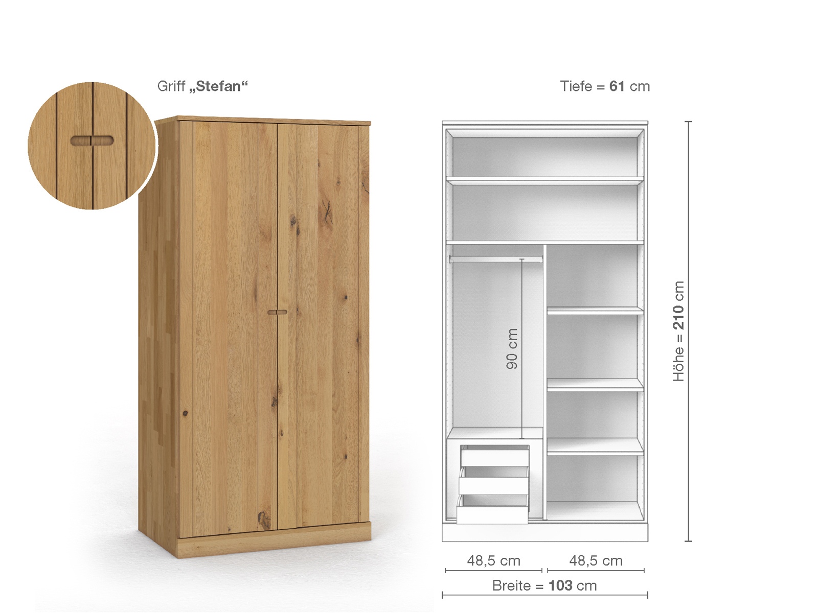 Wildeichenschrank Hell „Arnika“, 2-türig, Höhe 210 cm, Griffausführung „Stefan“, Inneneinrichtung C