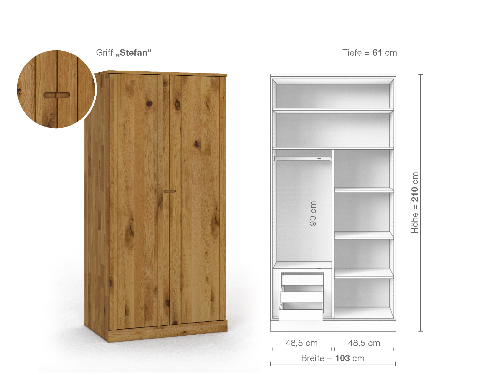 Wildeichenschrank „Arnika“, 2-türig, Höhe 210 cm, Griffausführung „Stefan“, Inneneinrichtung C