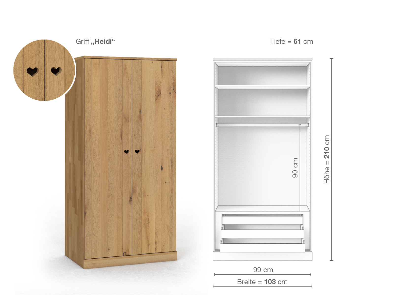 Wildeichenschrank Hell „Arnika“, 2-türig, Höhe 210 cm, Griffausführung „Heidi“, Inneneinrichtung D