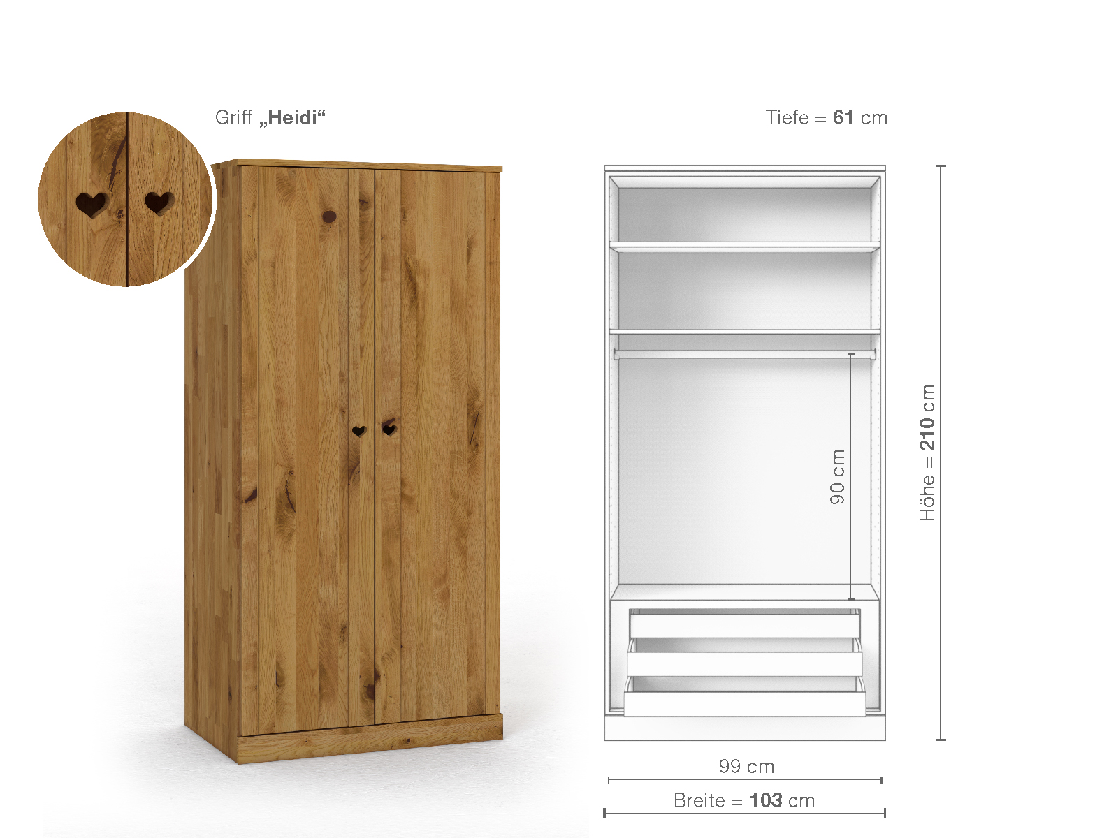 Wildeichenschrank „Arnika“, 2-türig, Höhe 210 cm, Griffausführung „Heidi“, Inneneinrichtung D