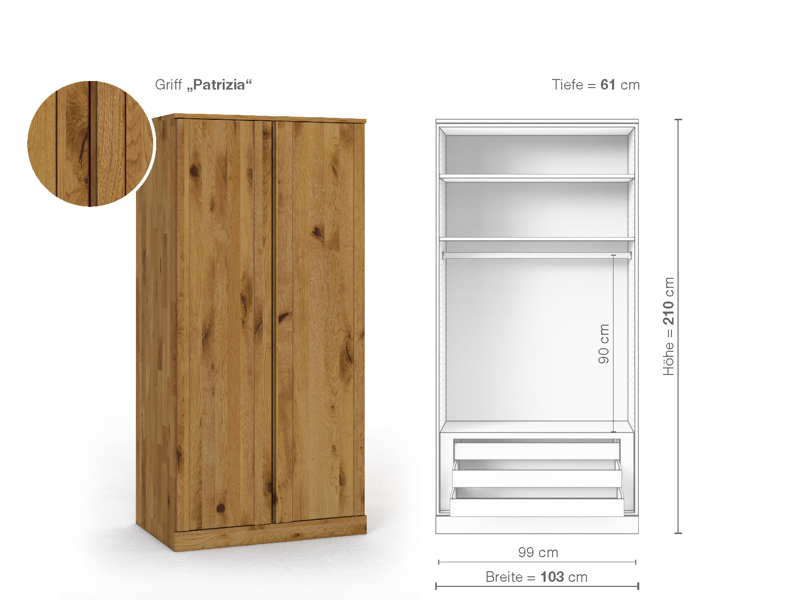 Wildeichenschrank „Arnika“, 2-türig, Höhe 210 cm, Griffausführung „Patrizia“, Inneneinrichtung D