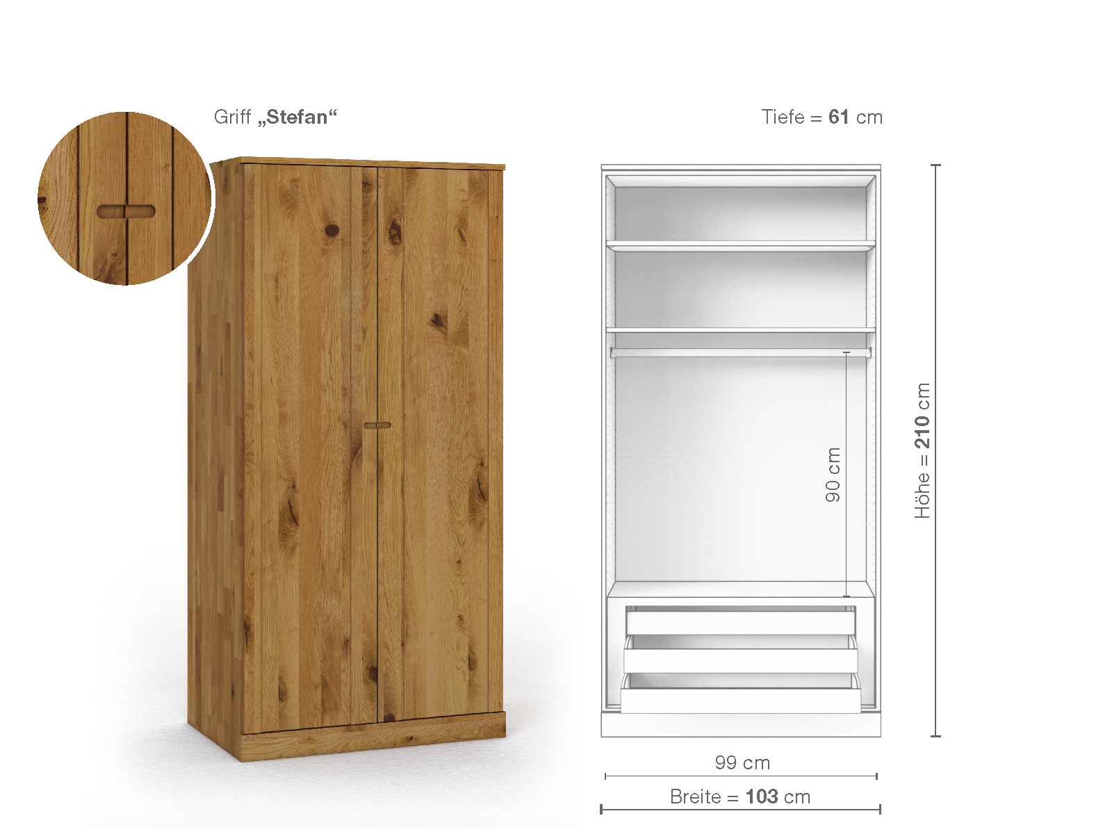 Wildeichenschrank „Arnika“, 2-türig, Höhe 210 cm, Griffausführung „Stefan“, Inneneinrichtung D