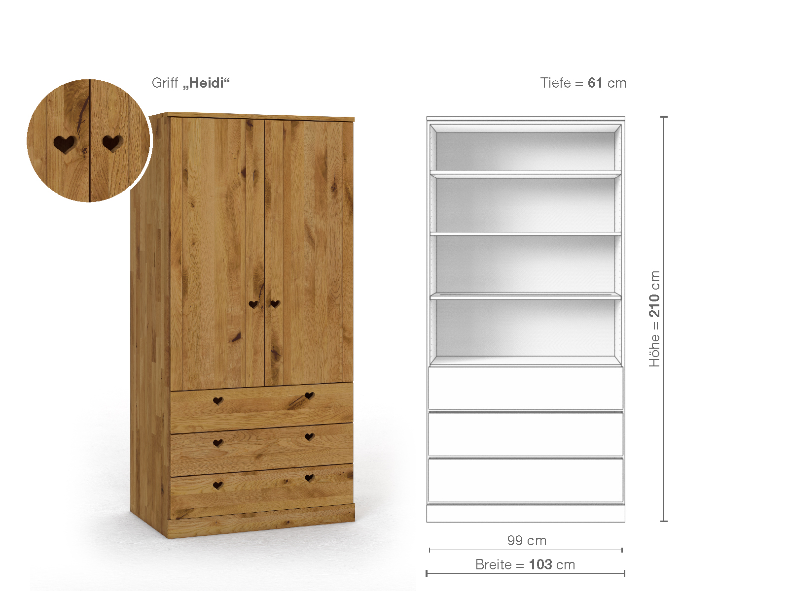 Wildeichenschrank „Arnika“, 2-türig, Höhe 210 cm, Griffausführung „Heidi“, Inneneinrichtung E