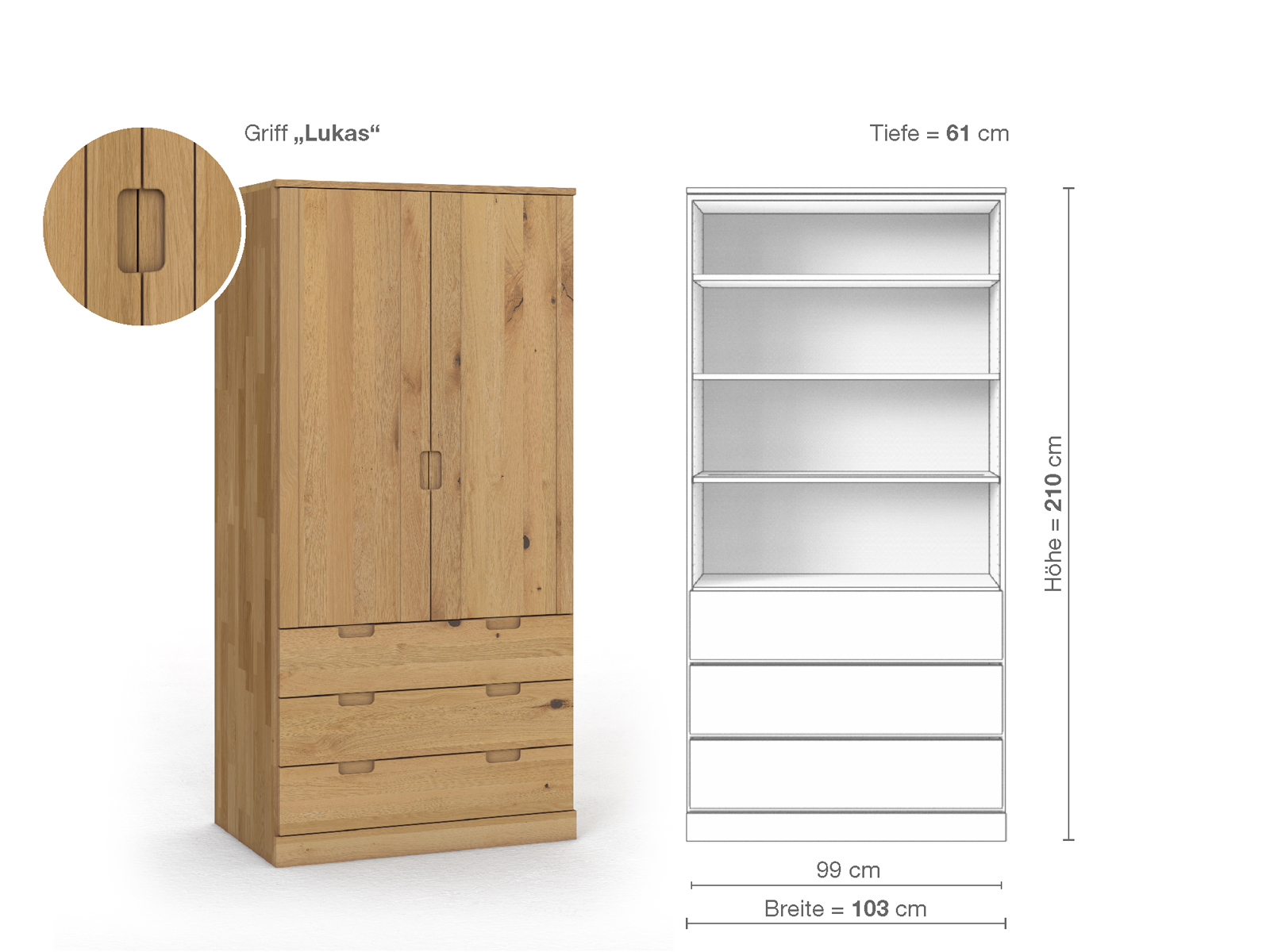 Wildeichenschrank Hell „Arnika“, 2-türig, Höhe 210 cm, Griffausführung „Lukas“, Inneneinrichtung E