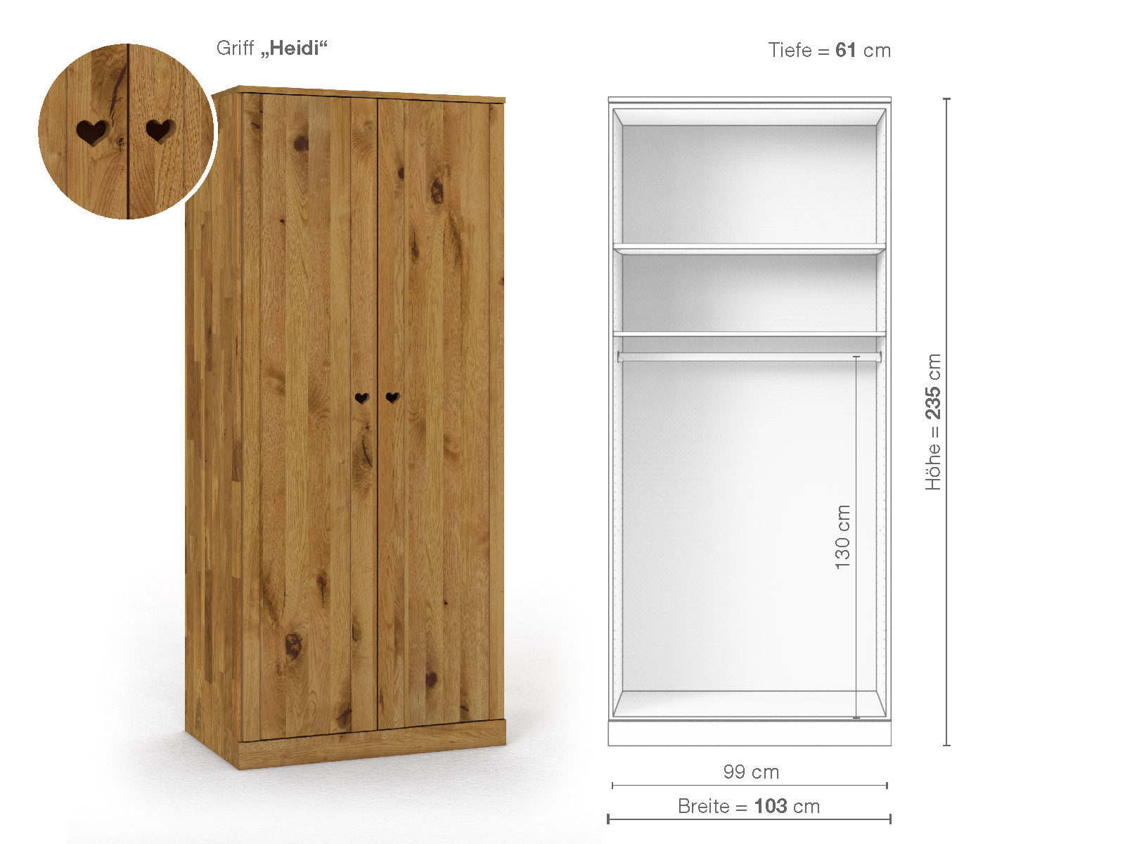 Wildeichenschrank „Arnika“, 2-türig, Höhe 235 cm, Griffausführung „Heidi“, Inneneinrichtung A