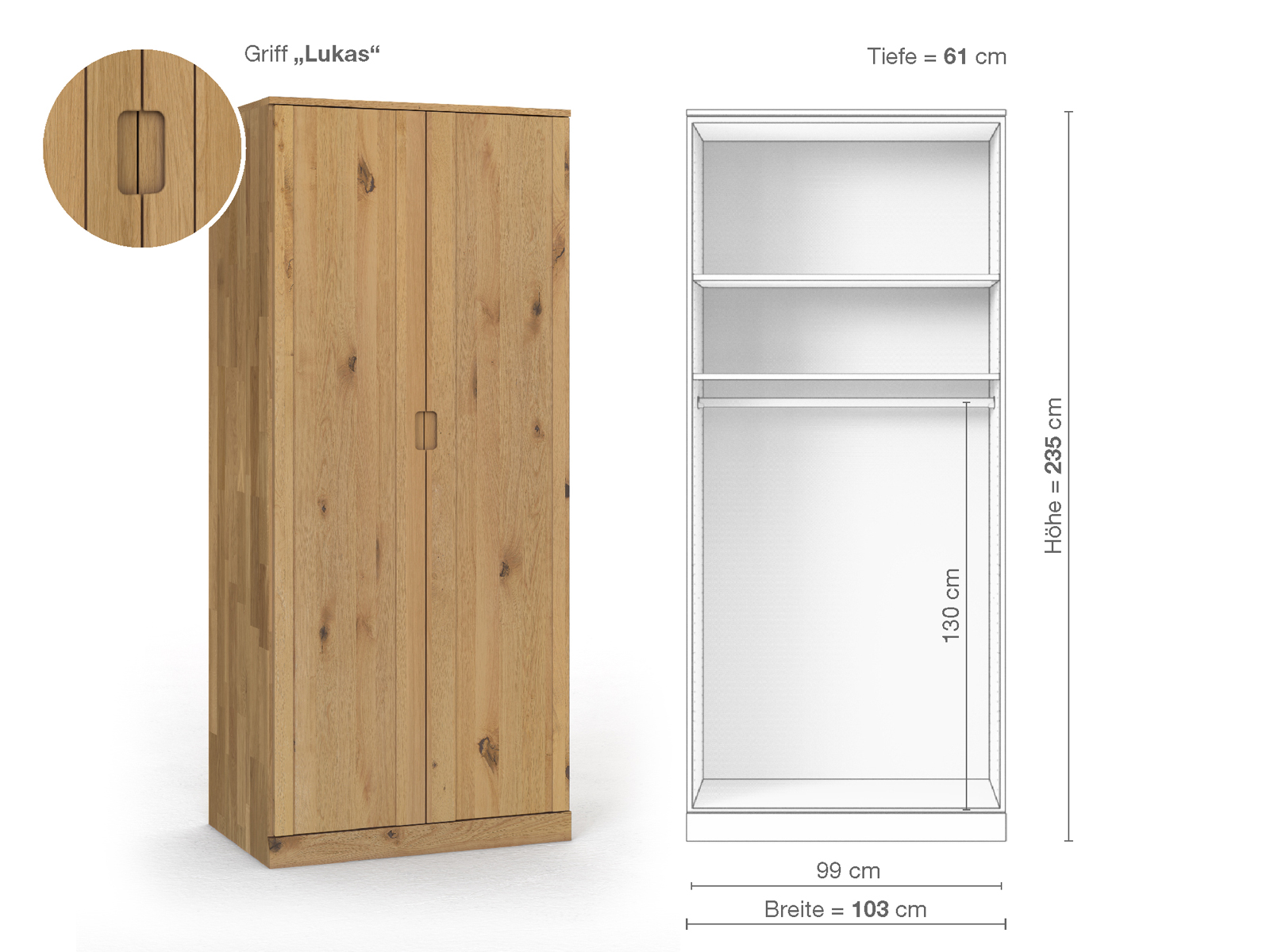 Wildeichenschrank Hell „Arnika“, 2-türig, Höhe 235 cm, Griffausführung „Lukas“, Inneneinrichtung A