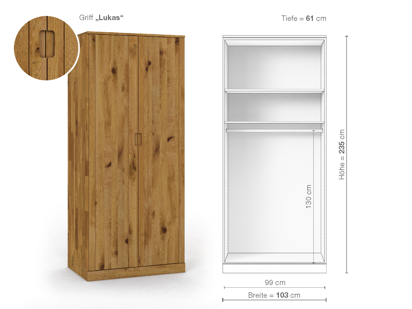 Wildeichenschrank „Arnika“, 2-türig, Höhe 235 cm, Griffausführung „Lukas“, Inneneinrichtung A