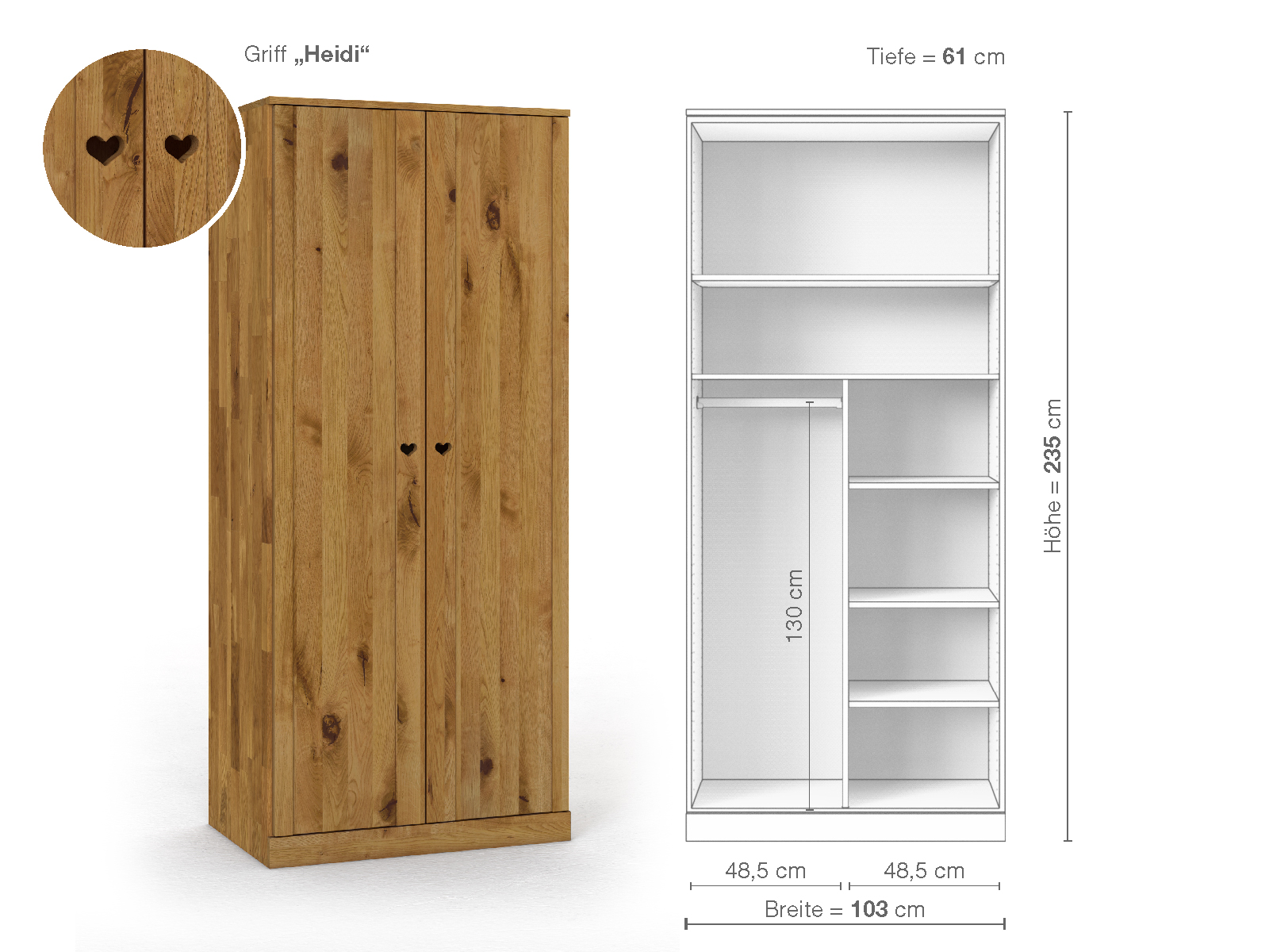 Wildeichenschrank „Arnika“, 2-türig, Höhe 235 cm, Griffausführung „Heidi“, Inneneinrichtung B