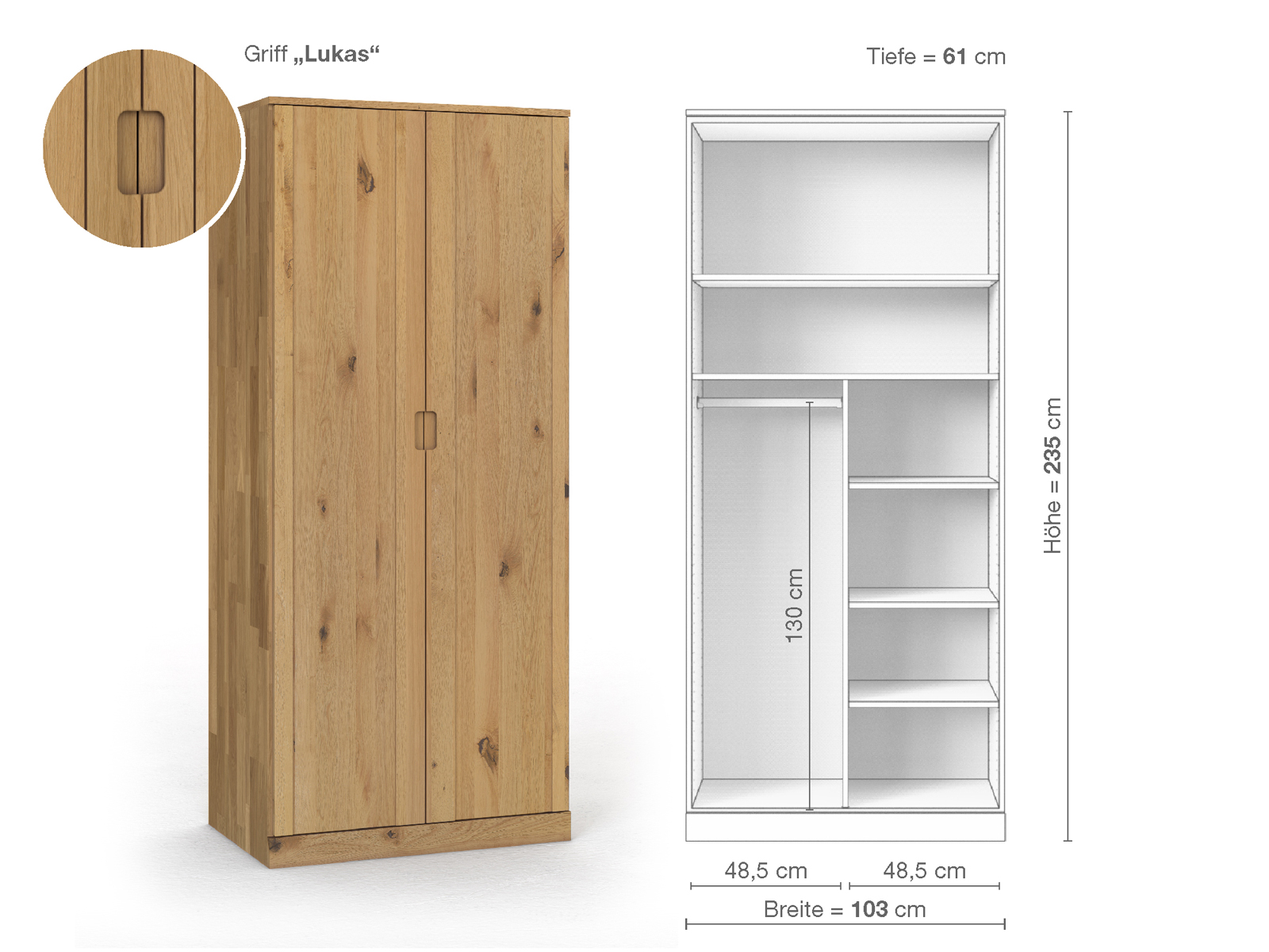 Wildeichenschrank Hell „Arnika“, 2-türig, Höhe 235 cm, Griffausführung „Lukas“, Inneneinrichtung B