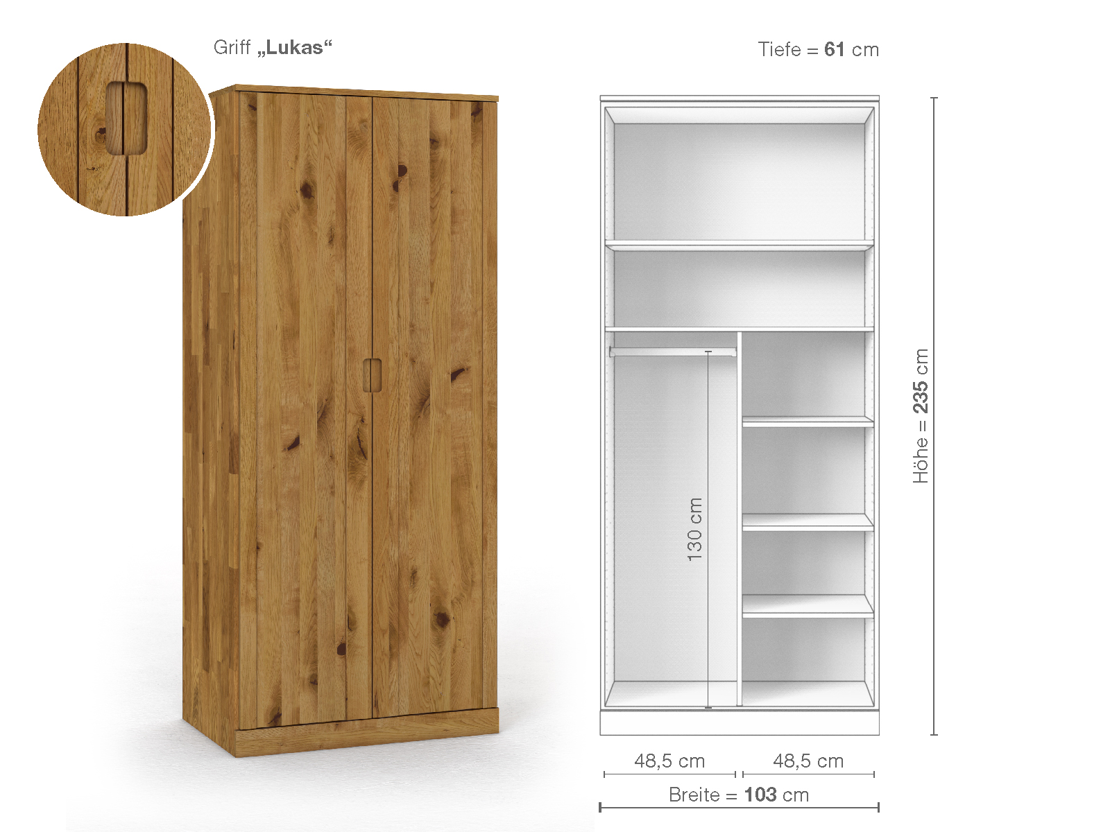 Wildeichenschrank „Arnika“, 2-türig, Höhe 235 cm, Griffausführung „Lukas“, Inneneinrichtung B