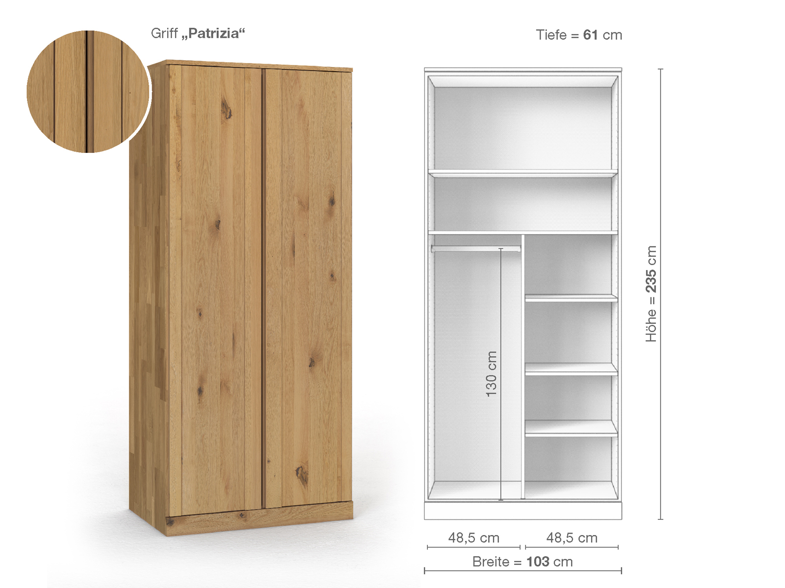 Wildeichenschrank Hell „Arnika“, 2-türig, Höhe 235 cm, Griffausführung „Patrizia“, Inneneinrichtung B