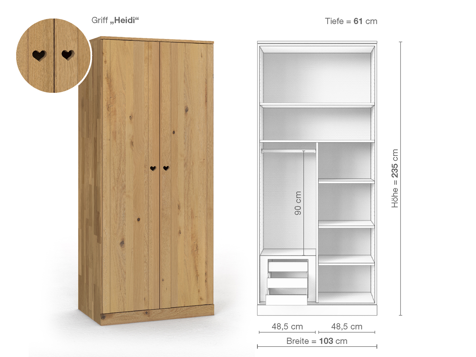 Wildeichenschrank Hell „Arnika“, 2-türig, Höhe 235 cm, Griffausführung „Heidi“, Inneneinrichtung C