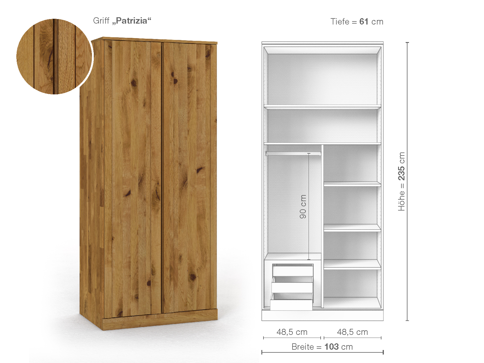 Wildeichenschrank „Arnika“, 2-türig, Höhe 235 cm, Griffausführung „Patrizia“, Inneneinrichtung C