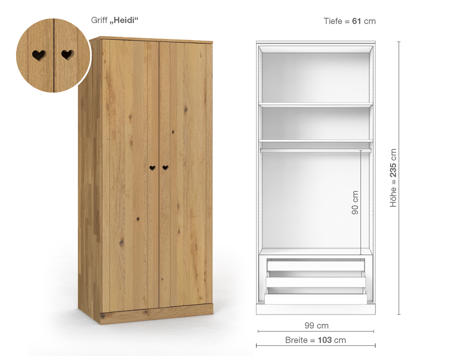 Wildeichenschrank Hell „Arnika“, 2-türig, Höhe 235 cm, Griffausführung „Heidi“, Inneneinrichtung D