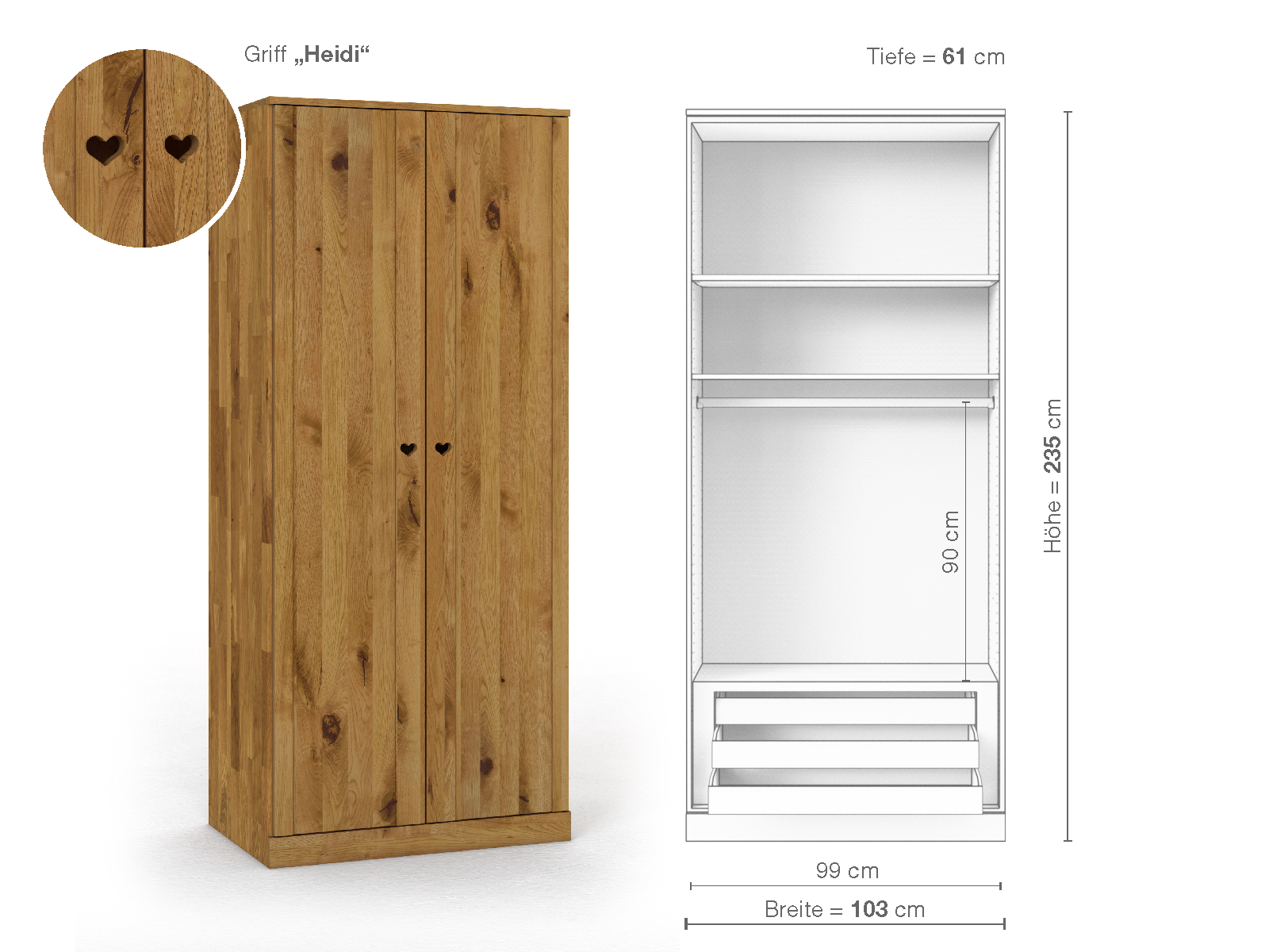 Wildeichenschrank „Arnika“, 2-türig, Höhe 235 cm, Griffausführung „Heidi“, Inneneinrichtung D