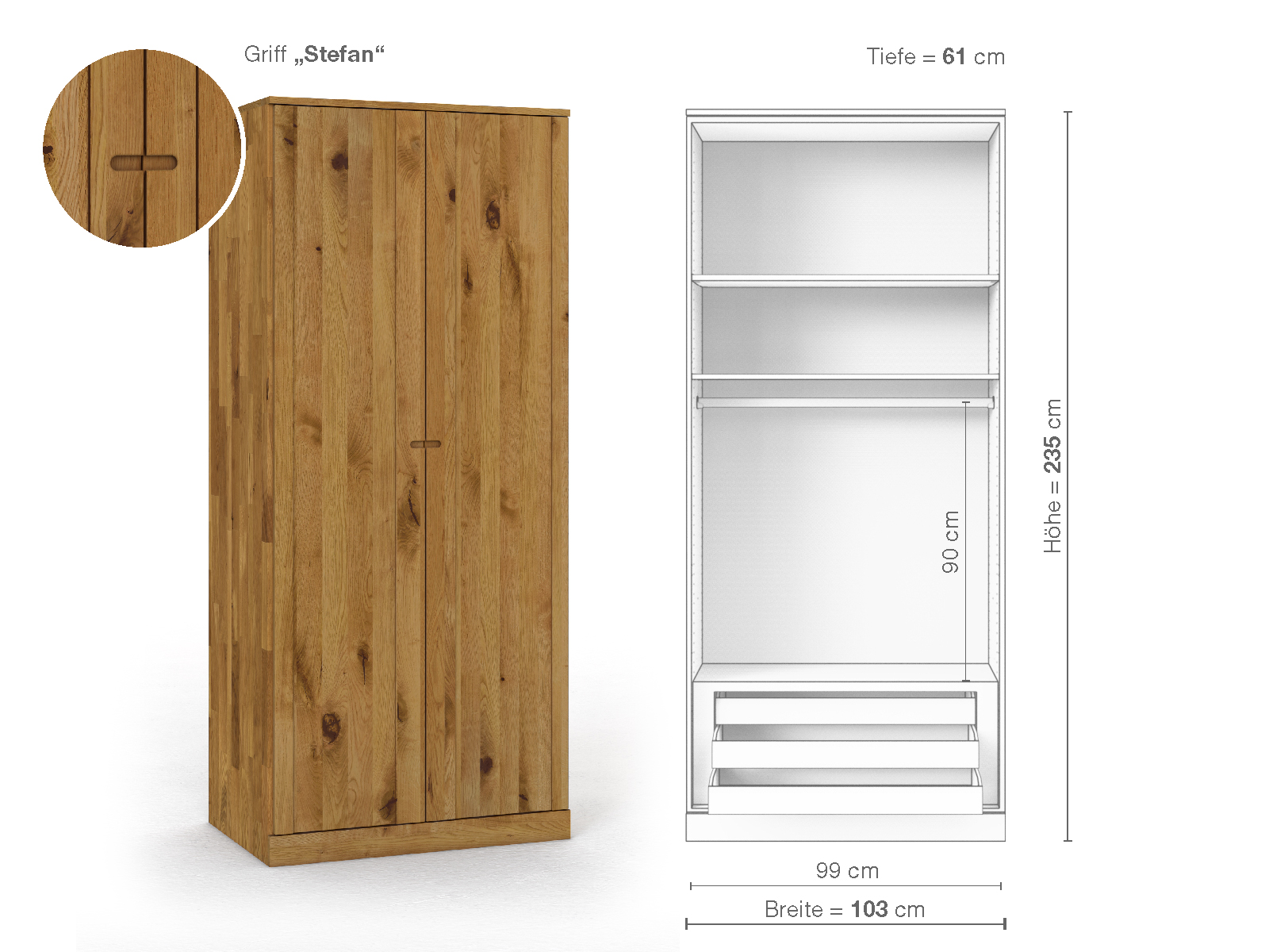 Wildeichenschrank „Arnika“, 2-türig, Höhe 235 cm, Griffausführung „Stefan“, Inneneinrichtung D