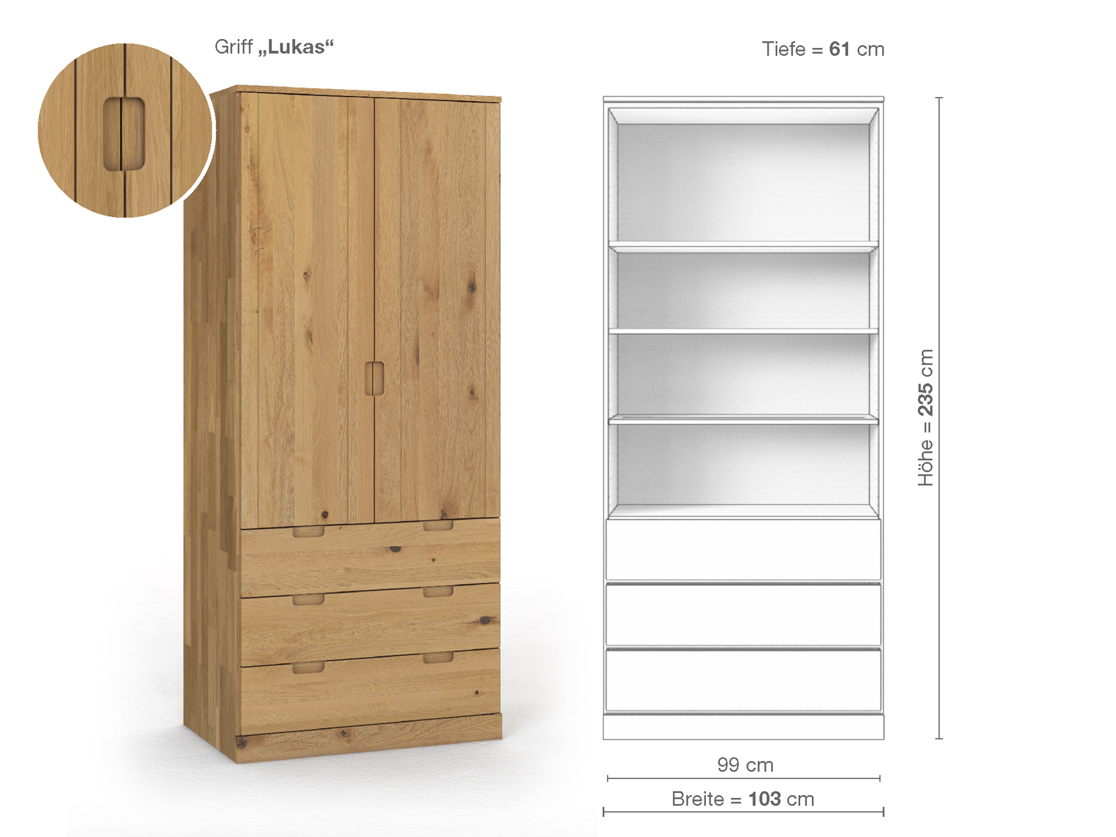 Wildeichenschrank Hell „Arnika“, 2-türig, Höhe 235 cm, Griffausführung „Lukas“, Inneneinrichtung E