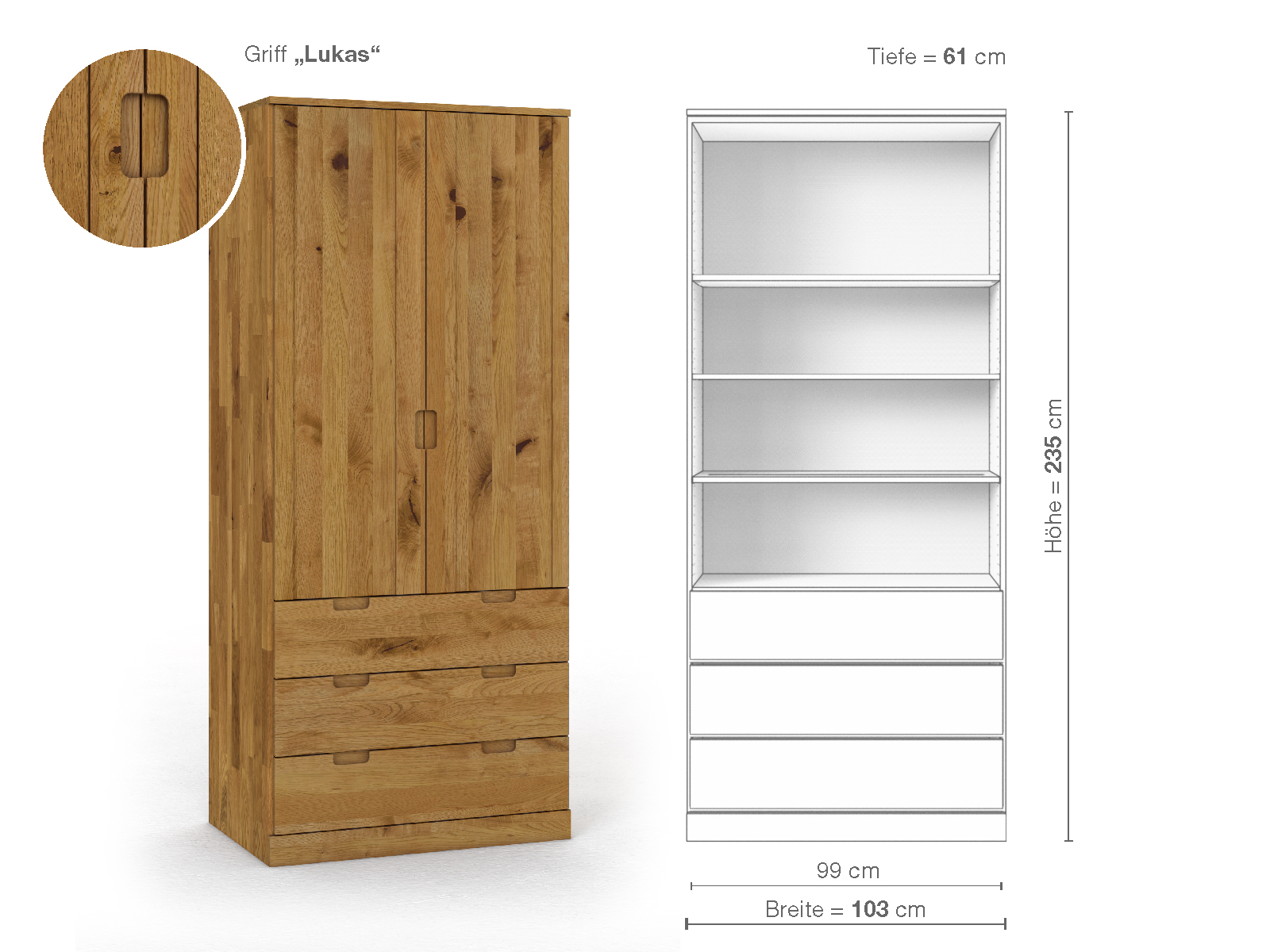 Wildeichenschrank „Arnika“, 2-türig, Höhe 235 cm, Griffausführung „Lukas“, Inneneinrichtung E