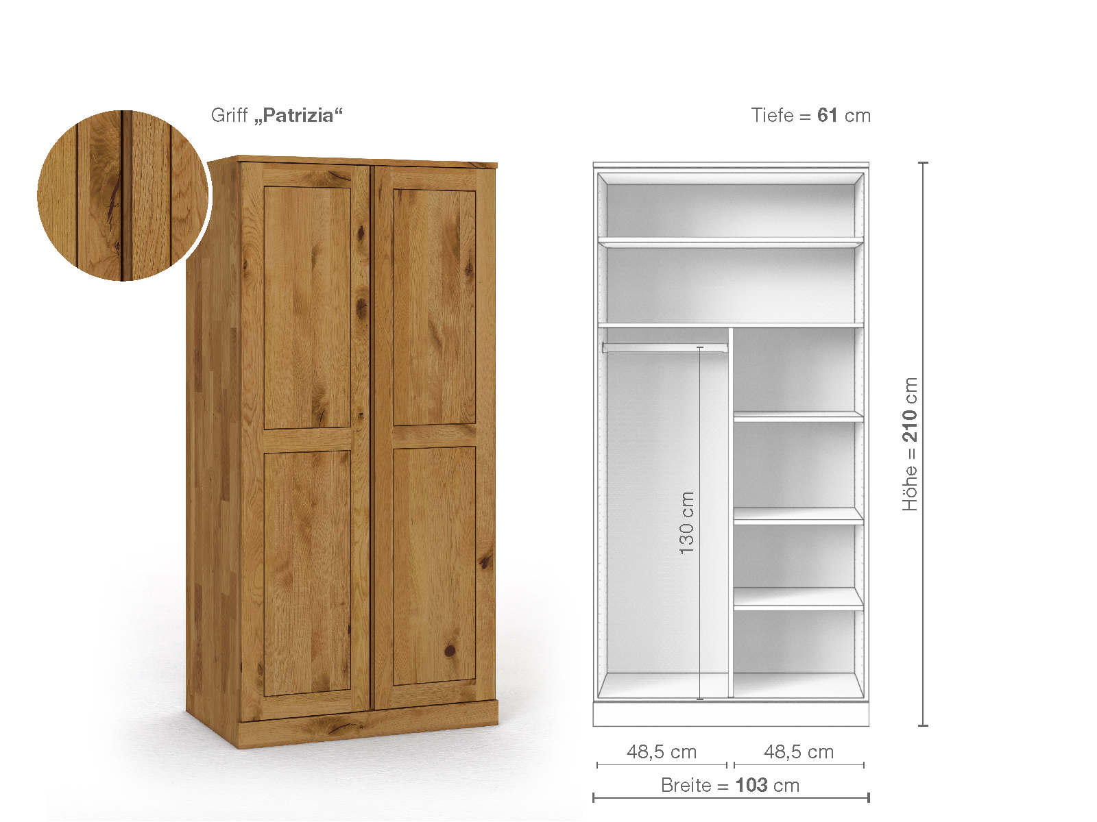 Schrank „Edelweiß“ aus Wildeiche, 2-türig, Höhe 210 cm, Griffausführung „Patrizia“, Inneneinrichtung B