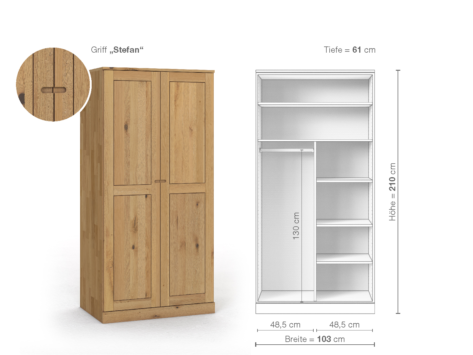 Schrank „Edelweiß“ aus Wildeiche Hell, 2-türig, Höhe 210 cm, Griffausführung „Stefan“, Inneneinrichtung B