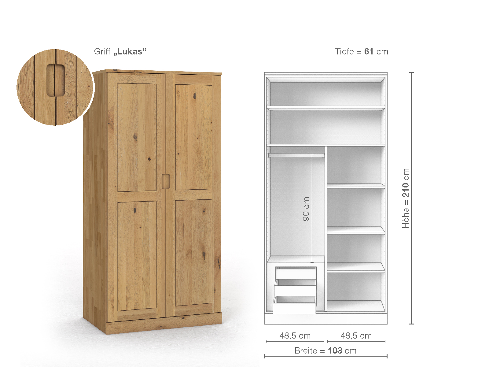Schrank „Edelweiß“ aus Wildeiche Hell, 2-türig, Höhe 210 cm, Griffausführung „Lukas“, Inneneinrichtung C