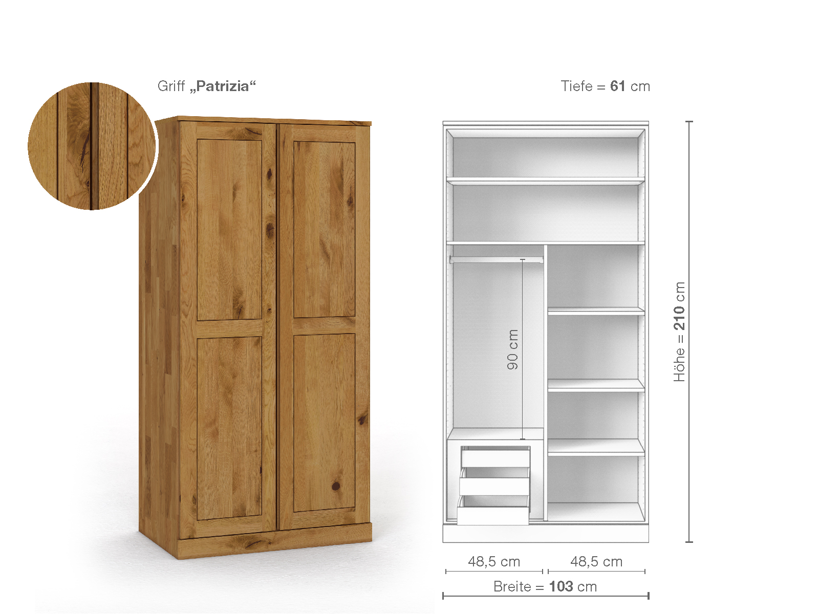 Schrank „Edelweiß“ aus Wildeiche, 2-türig, Höhe 210 cm, Griffausführung „Patrizia“, Inneneinrichtung C