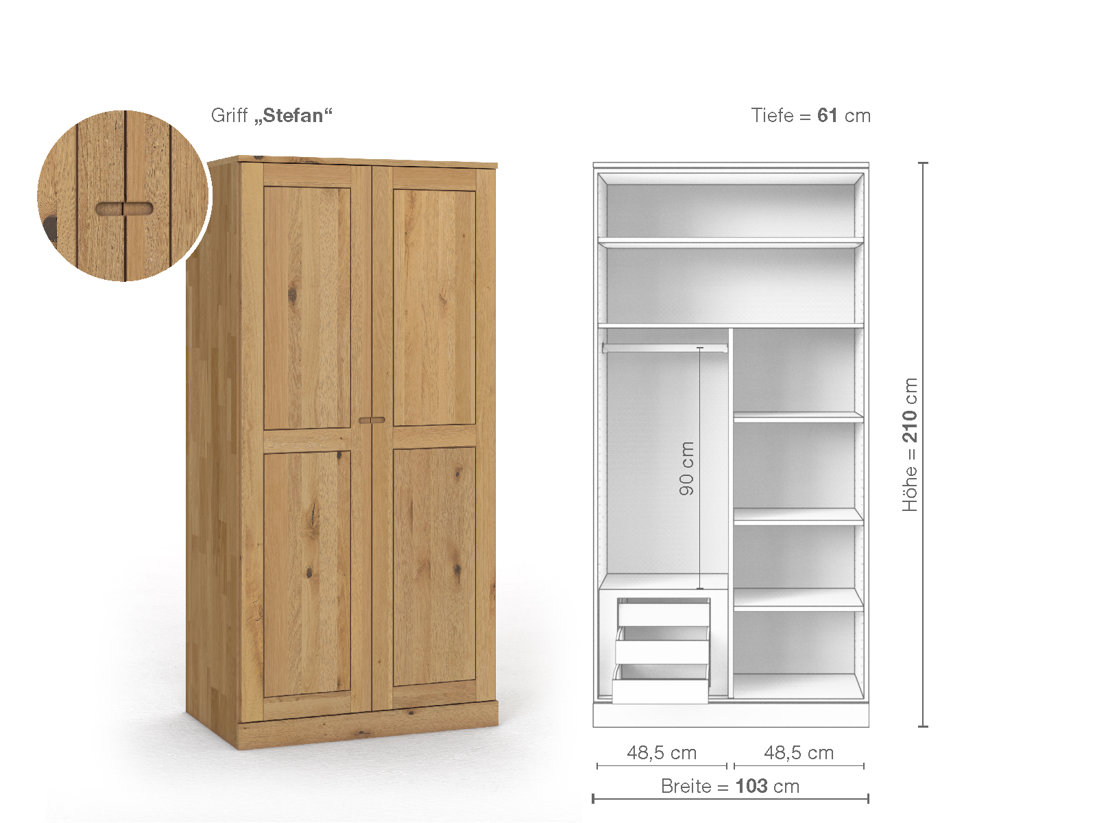 Schrank „Edelweiß“ aus Wildeiche Hell, 2-türig, Höhe 210 cm, Griffausführung „Stefan“, Inneneinrichtung C