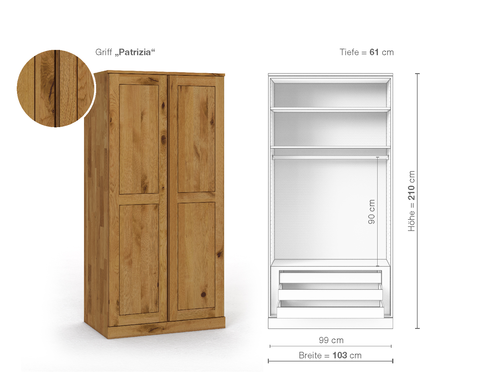 Schrank „Edelweiß“ aus Wildeiche, 2-türig, Höhe 210 cm, Griffausführung „Patrizia“, Inneneinrichtung D