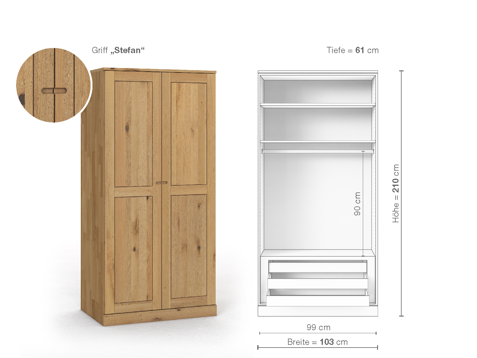 Schrank „Edelweiß“ aus Wildeiche Hell, 2-türig, Höhe 210 cm, Griffausführung „Stefan“, Inneneinrichtung D