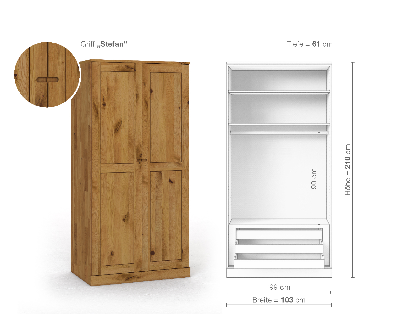 Schrank „Edelweiß“ aus Wildeiche, 2-türig, Höhe 210 cm, Griffausführung „Stefan“, Inneneinrichtung D