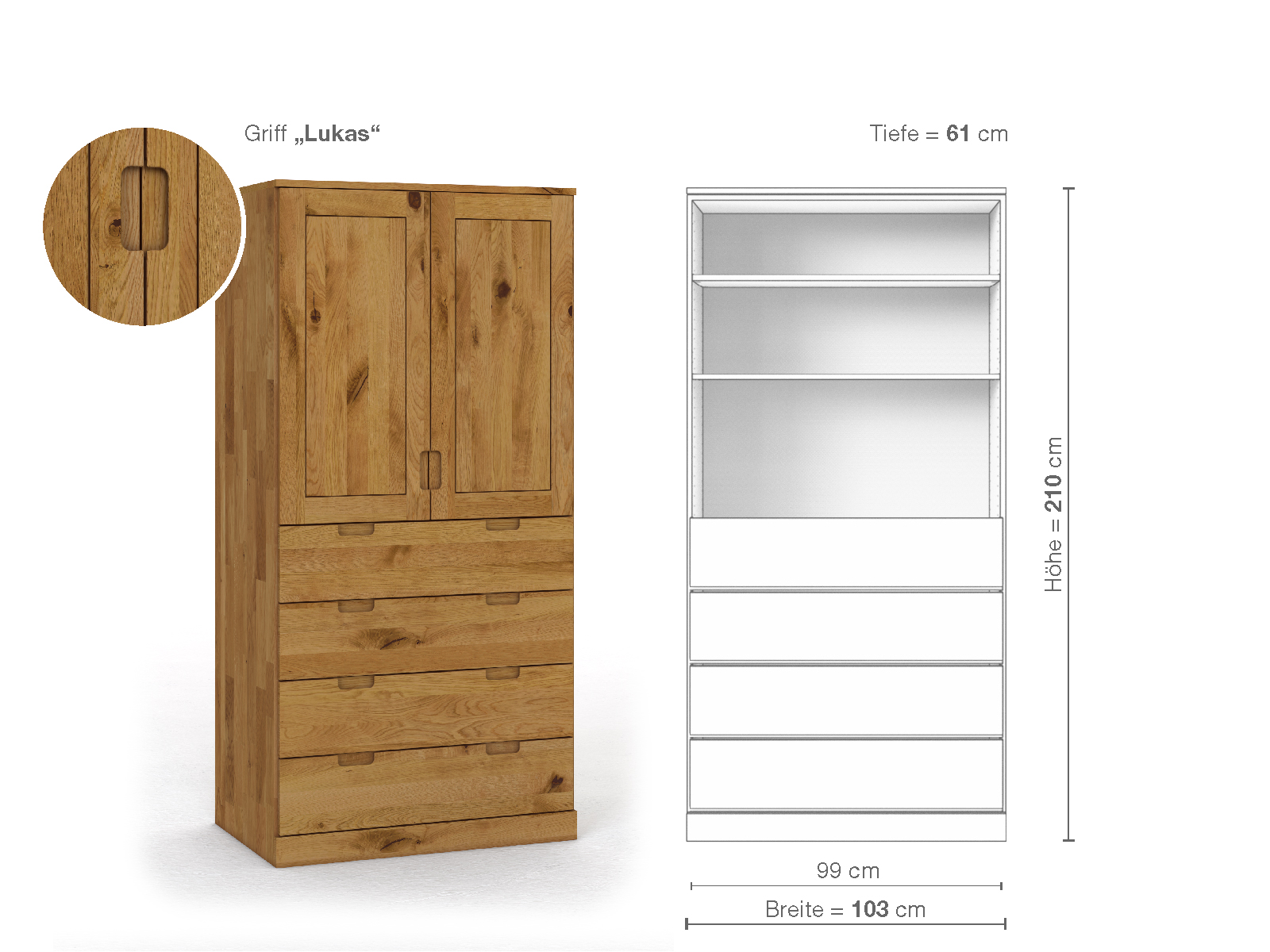 Schrank „Edelweiß“ aus Wildeiche, 2-türig, Höhe 210 cm, Griffausführung „Lukas“, Inneneinrichtung E