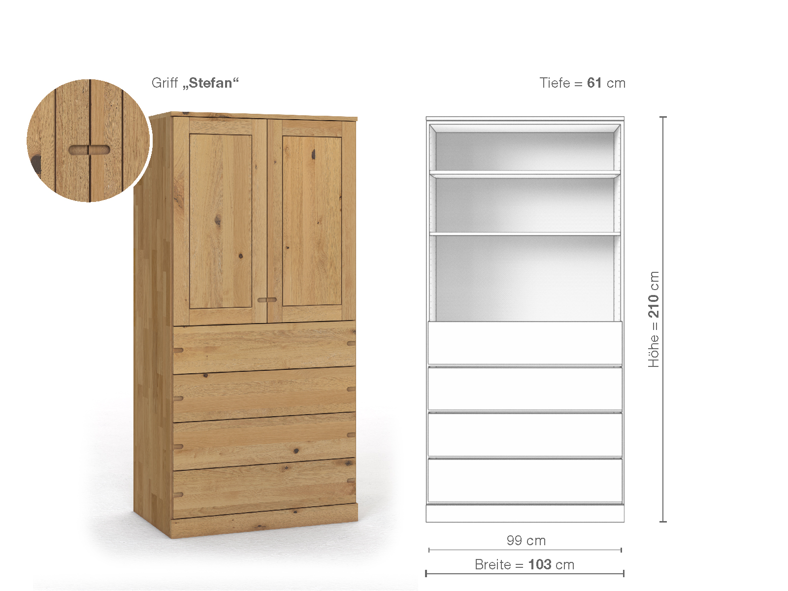 Schrank „Edelweiß“ aus Wildeiche Hell, 2-türig, Höhe 210 cm, Griffausführung „Stefan“, Inneneinrichtung E