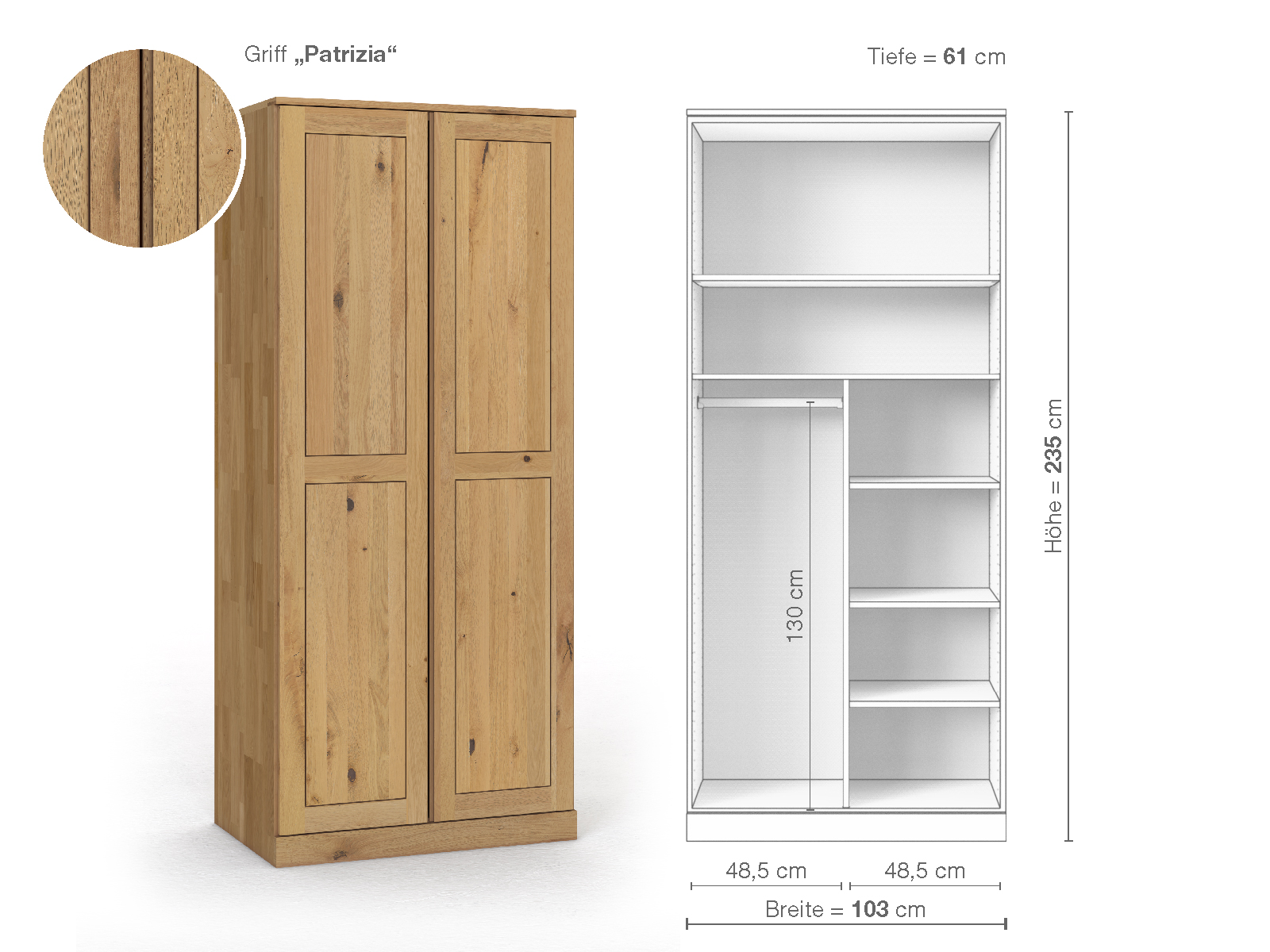 Schrank „Edelweiß“ aus Wildeiche Hell, 2-türig, Höhe 235 cm, Griffausführung „Patrizia“, Inneneinrichtung B