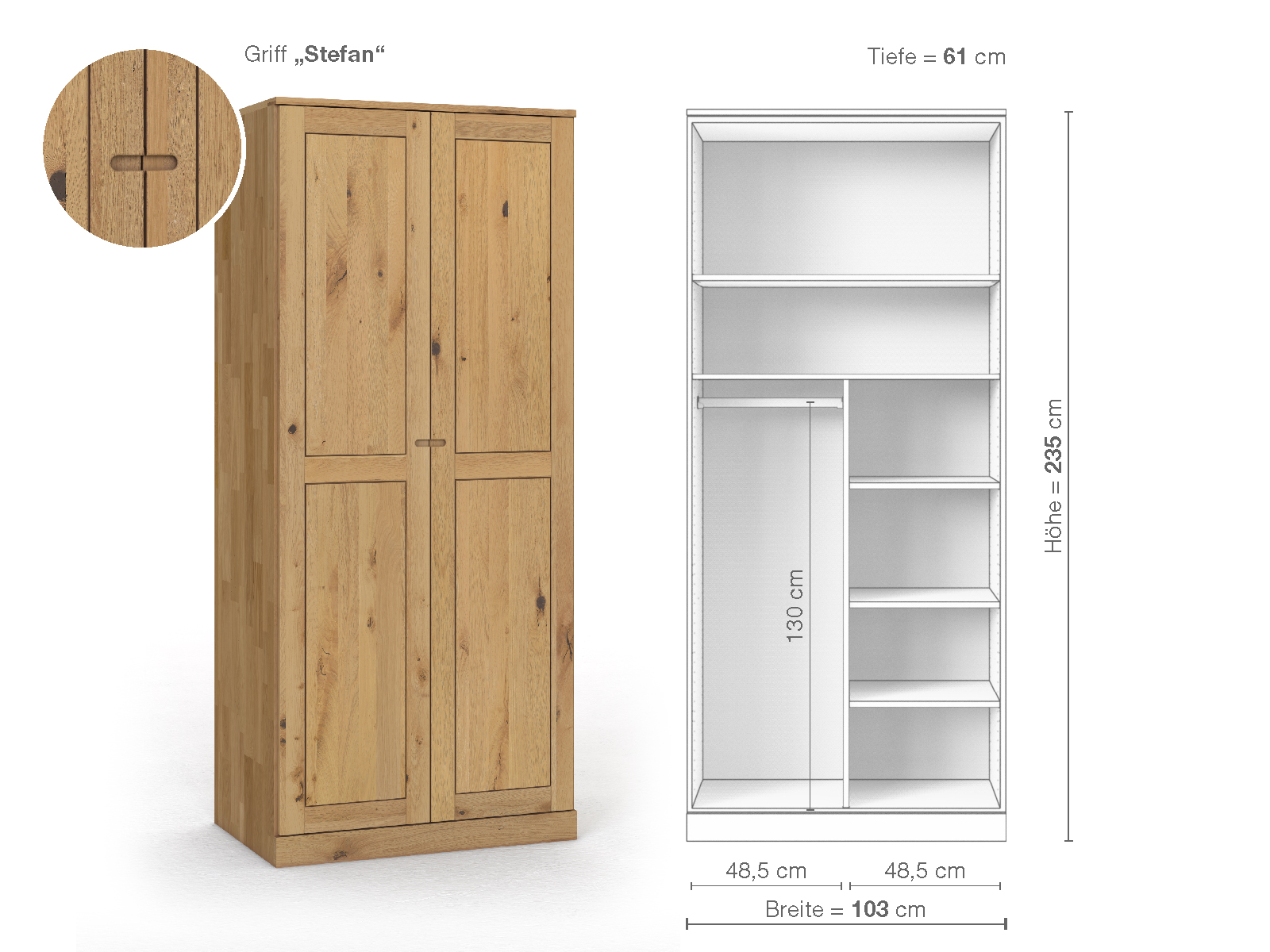 Schrank „Edelweiß“ aus Wildeiche Hell, 2-türig, Höhe 235 cm, Griffausführung „Stefan“, Inneneinrichtung B