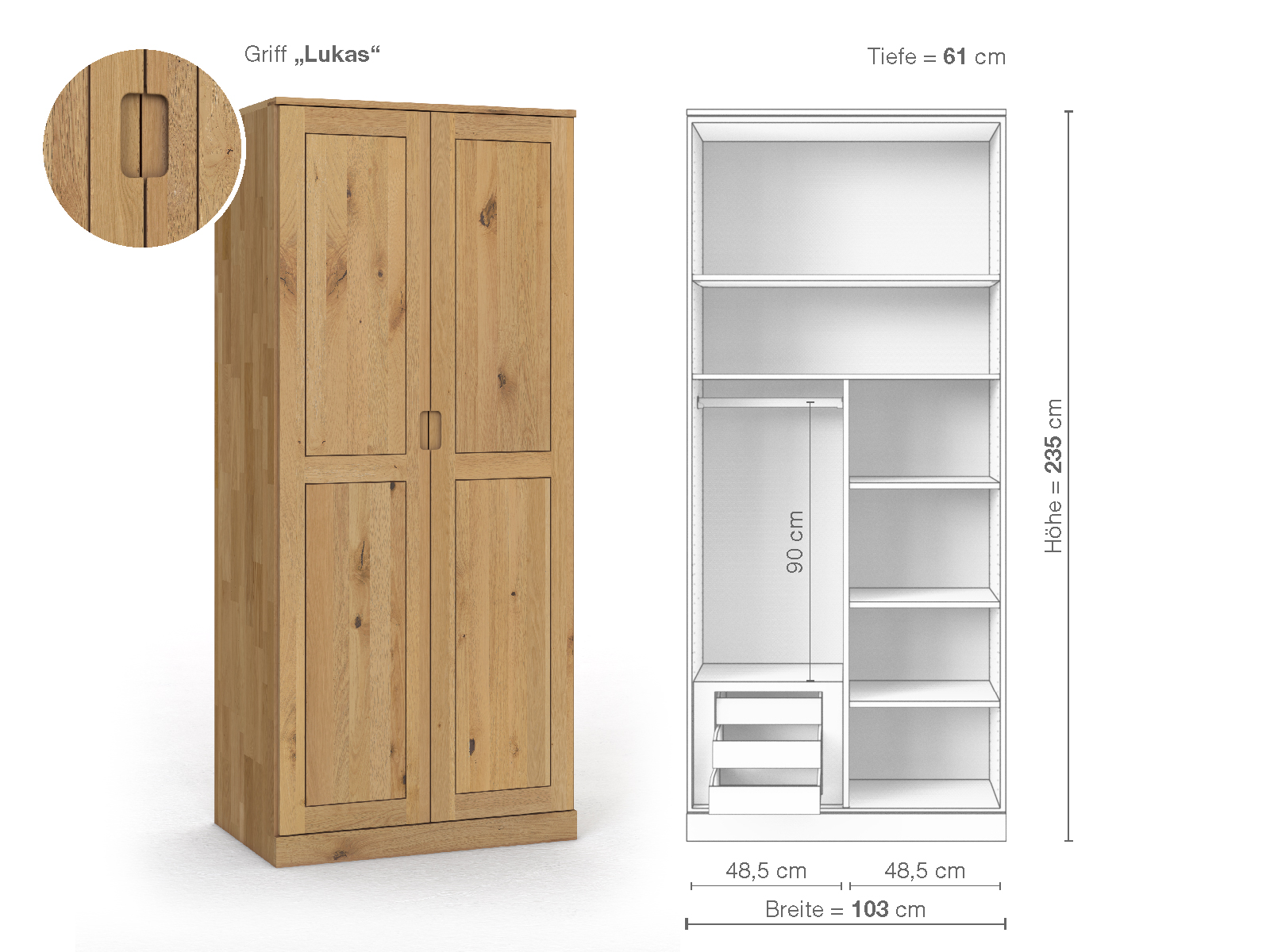 Schrank „Edelweiß“ aus Wildeiche Hell, 2-türig, Höhe 235 cm, Griffausführung „Lukas“, Inneneinrichtung C