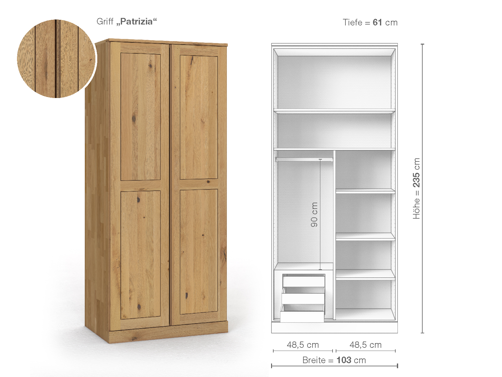 Schrank „Edelweiß“ aus Wildeiche Hell, 2-türig, Höhe 235 cm, Griffausführung „Patrizia“, Inneneinrichtung C