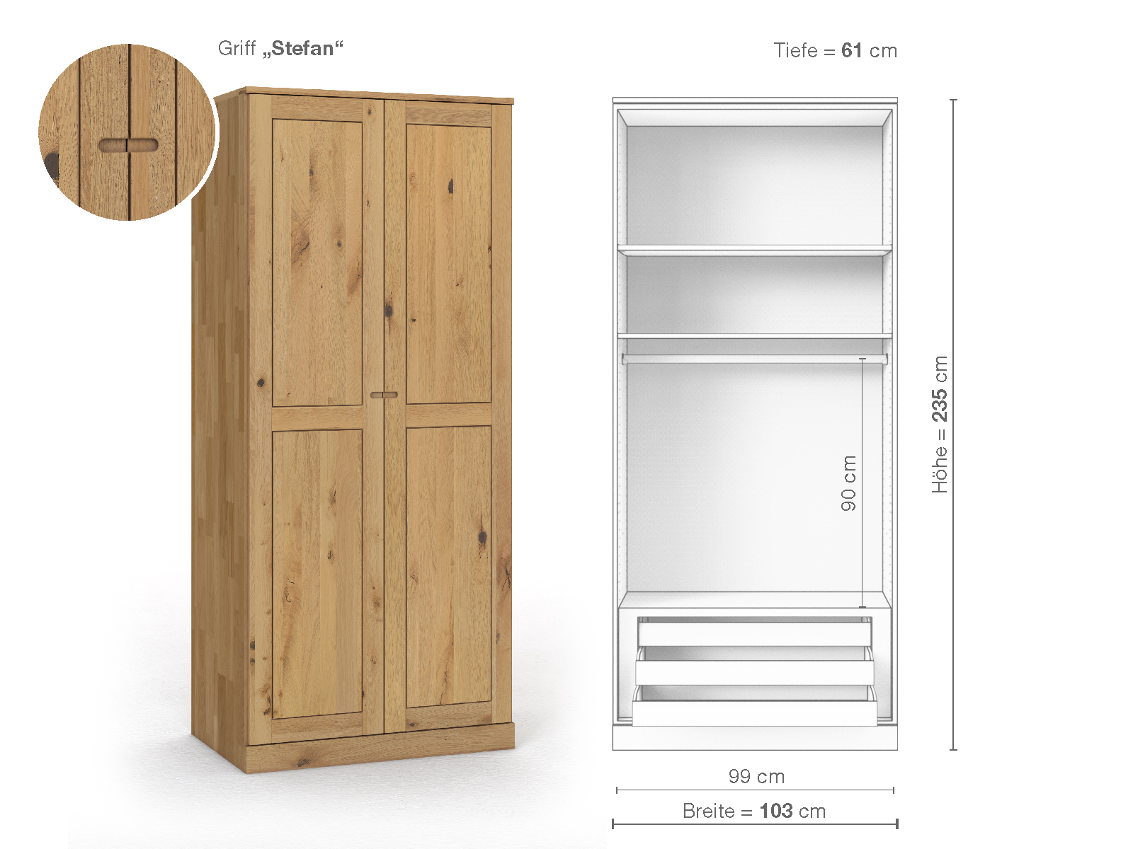 Schrank „Edelweiß“ aus Wildeiche Hell, 2-türig, Höhe 235 cm, Griffausführung „Stefan“, Inneneinrichtung D