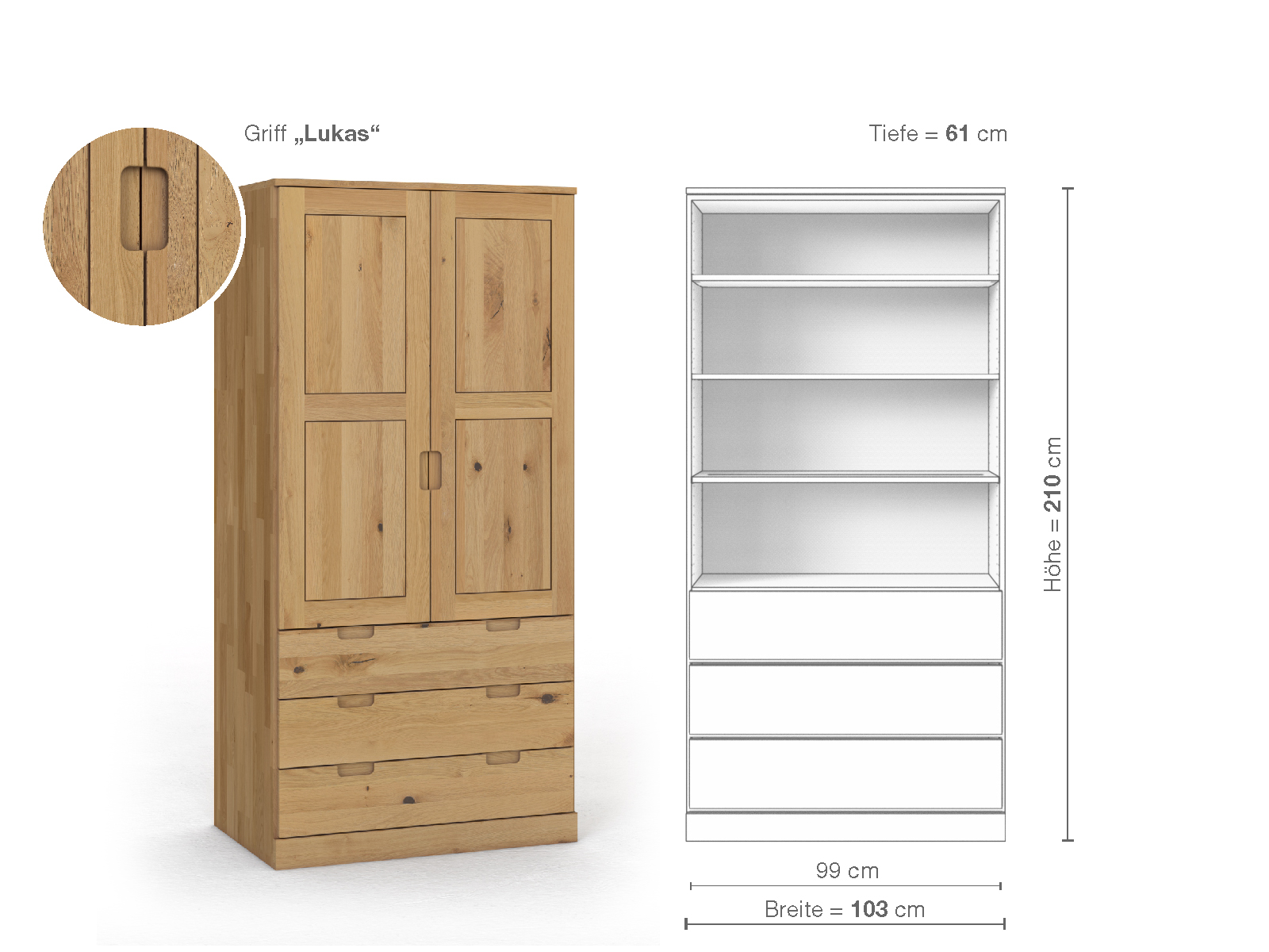 Schrank „Enzian“ aus Wildeiche Hell, 2-türig, Höhe 210 cm, Griffausführung „Lukas“, Inneneinrichtung E