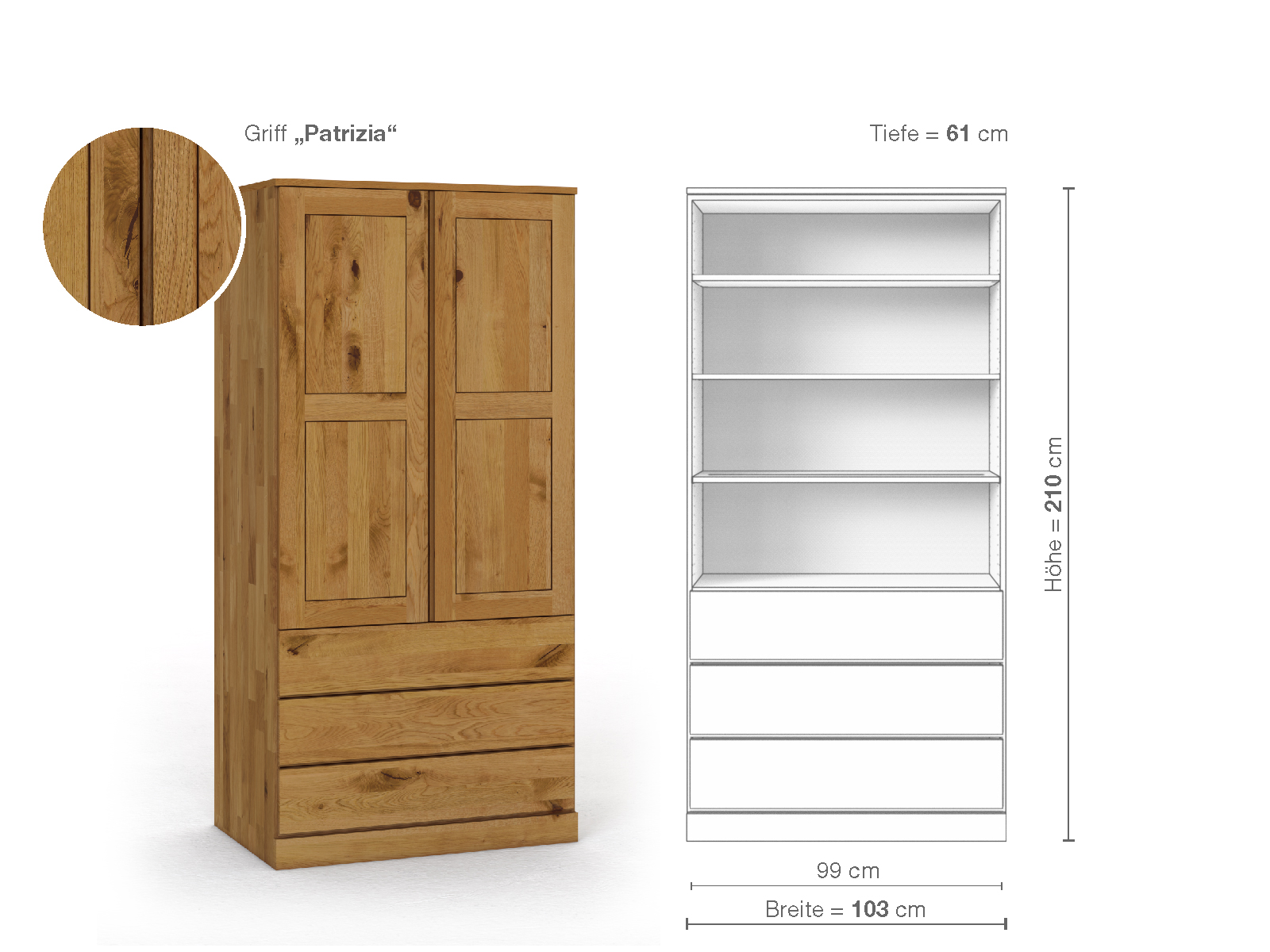 Schrank „Enzian“ aus Wildeiche, 2-türig, Höhe 210 cm, Griffausführung „Patrizia“, Inneneinrichtung E