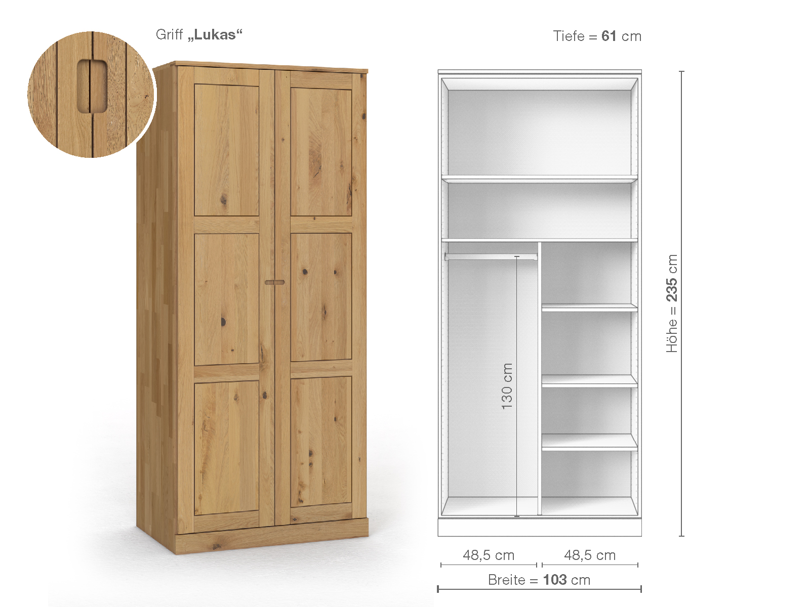 Schrank „Enzian“ aus Wildeiche Hell, 2-türig, Höhe 235 cm, Griffausführung „Lukas“, Inneneinrichtung B