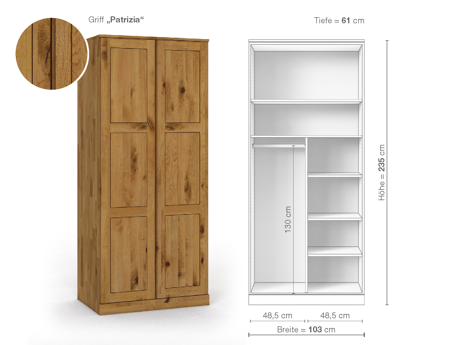 Schrank „Enzian“ aus Wildeiche, 2-türig, Höhe 235 cm, Griffausführung „Patrizia“, Inneneinrichtung B