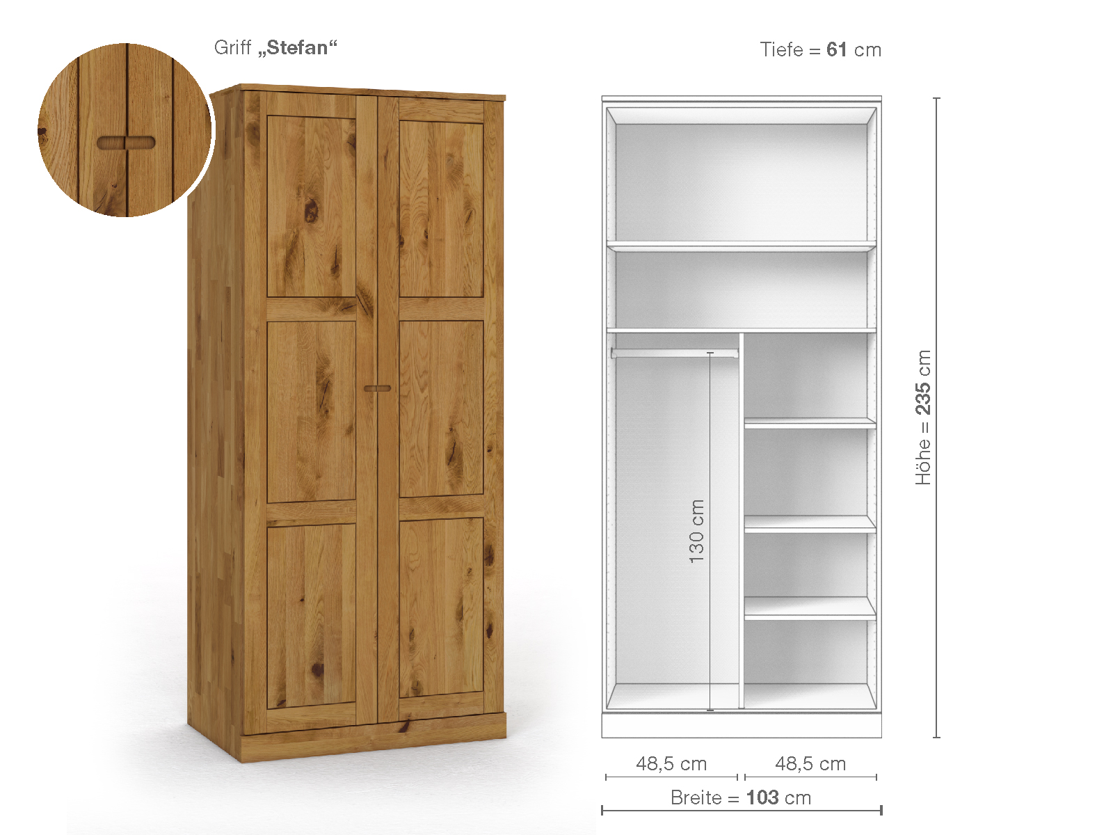 Schrank „Enzian“ aus Wildeiche, 2-türig, Höhe 235 cm, Griffausführung „Stefan“, Inneneinrichtung B