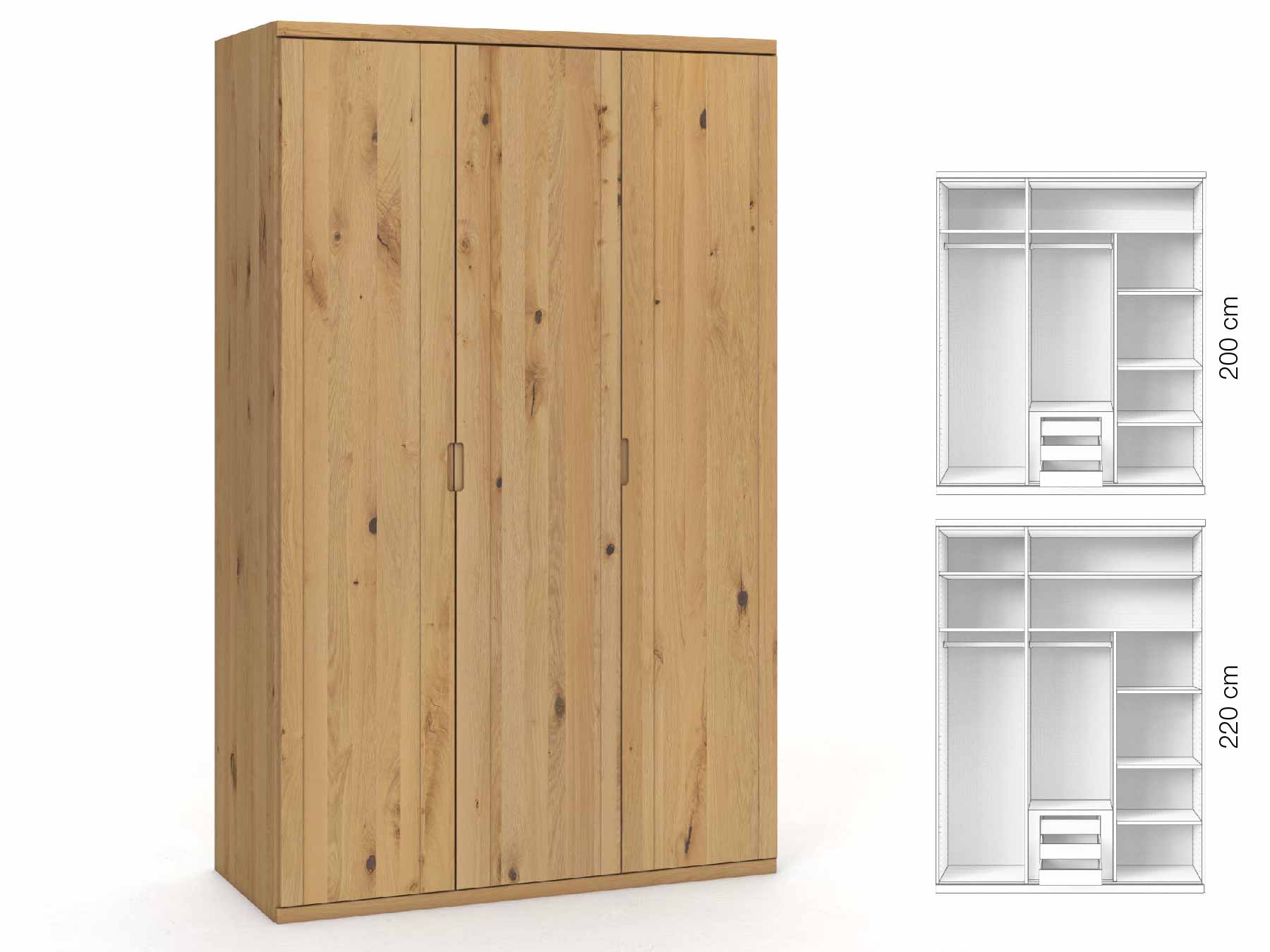Wildeichenschrank Hell „Egon“, 3-türig, Höhe 220 cm, Griffausführung „Lukas“, Inneneinrichtung: D