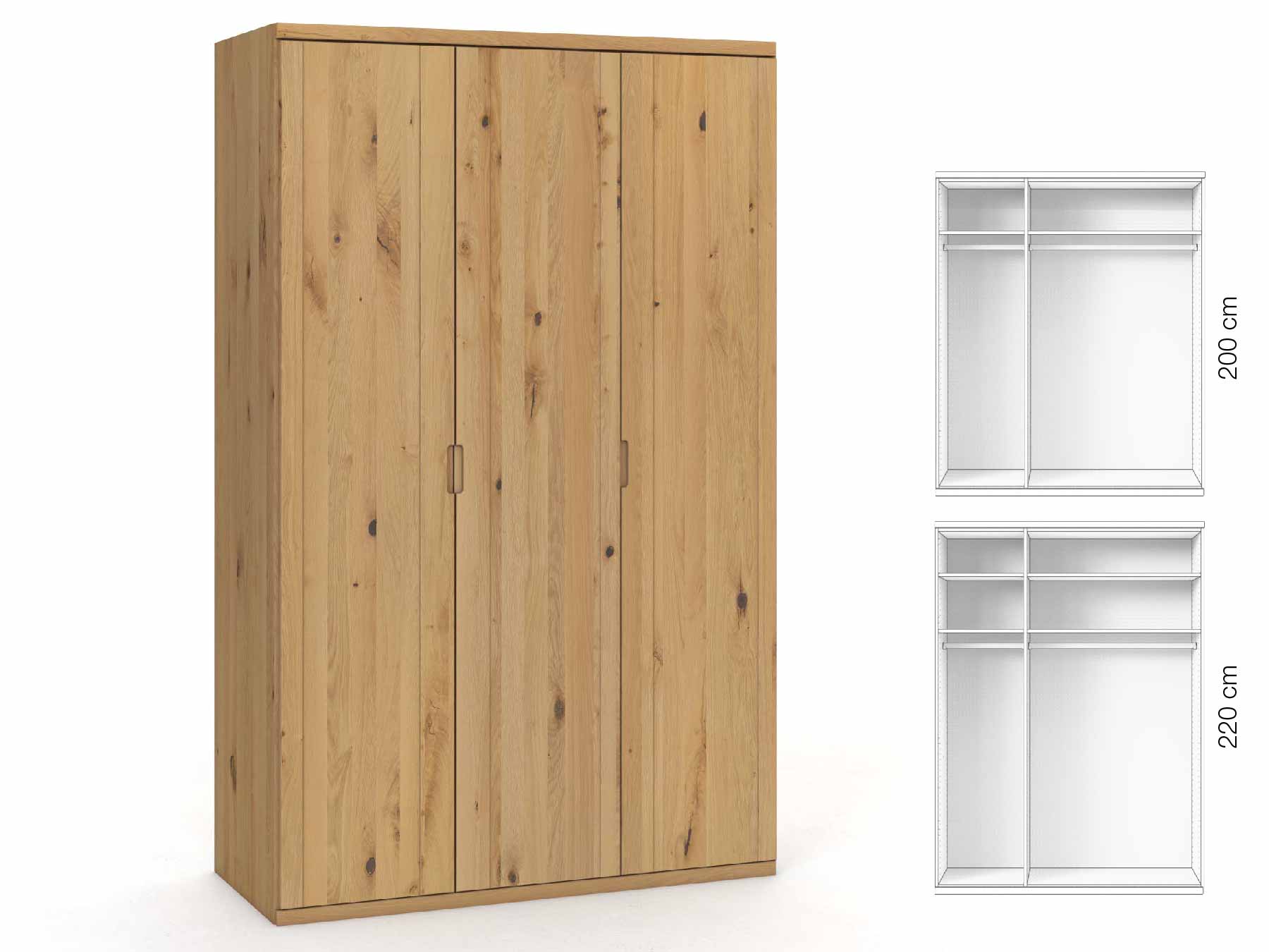Wildeichenschrank Hell „Egon“, 3-türig, Höhe 220 cm, Griffausführung „Lukas“, Inneneinrichtung: A