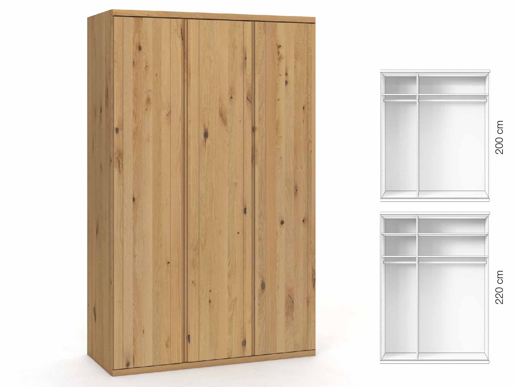 Wildeichenschrank Hell „Egon“, 3-türig, Höhe 220 cm, Griffausführung „Patrizia“, Inneneinrichtung: A