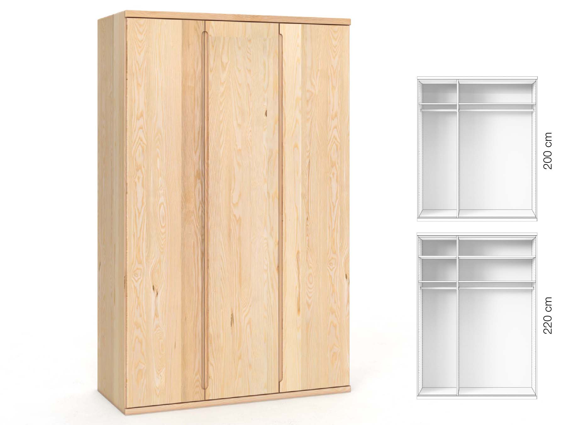 Eschenschrank „Valentin“, 3-türig, Höhe 220 cm, Griffausführung „Lukas“, Inneneinrichtung: A